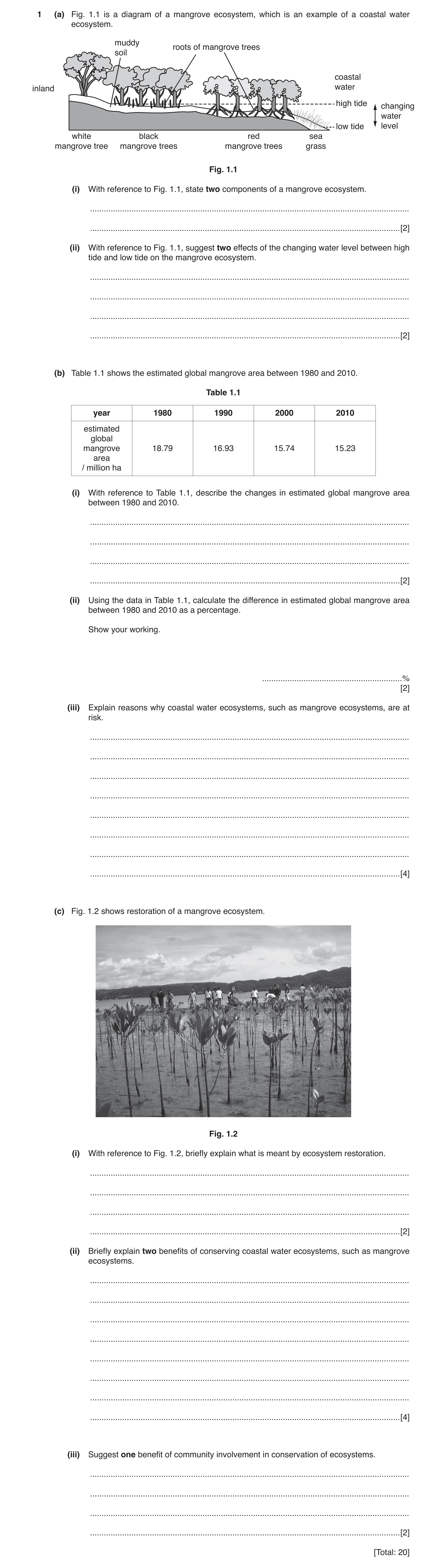 Question 12: (a) Fig. 1.1 is a diagram of a mangrove ecosystem, which is an example of a coastal water ecosystem. muddy roots of mangrove trees soil coa…