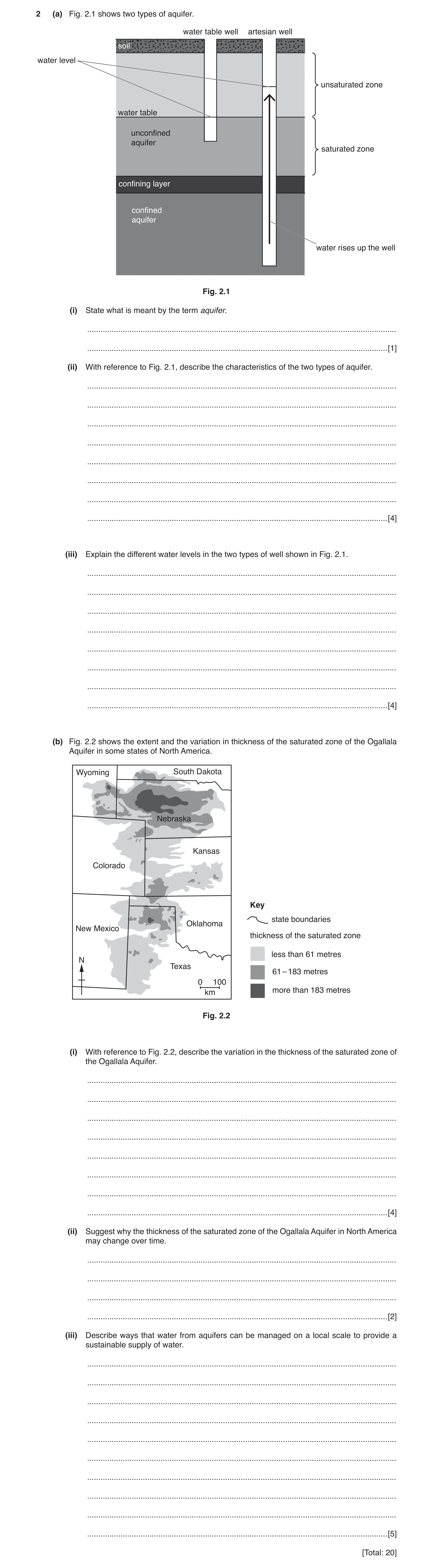 Question 9: (a) Fig. 2.1 shows two types of aquifer. water table well artesian well soil water level unsaturated zone water table unconfined aquifer sa…