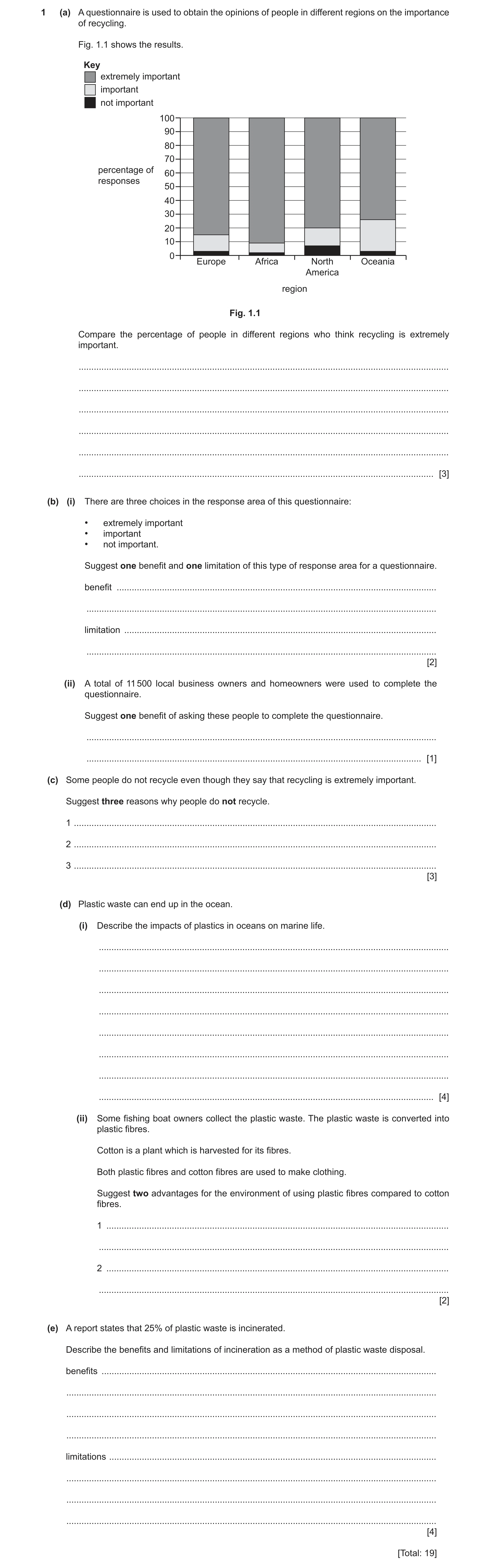 Question 11: (a) A questionnaire is used to obtain the opinions of people in different regions on the importance of recycling. Fig. 1.1 shows the result…