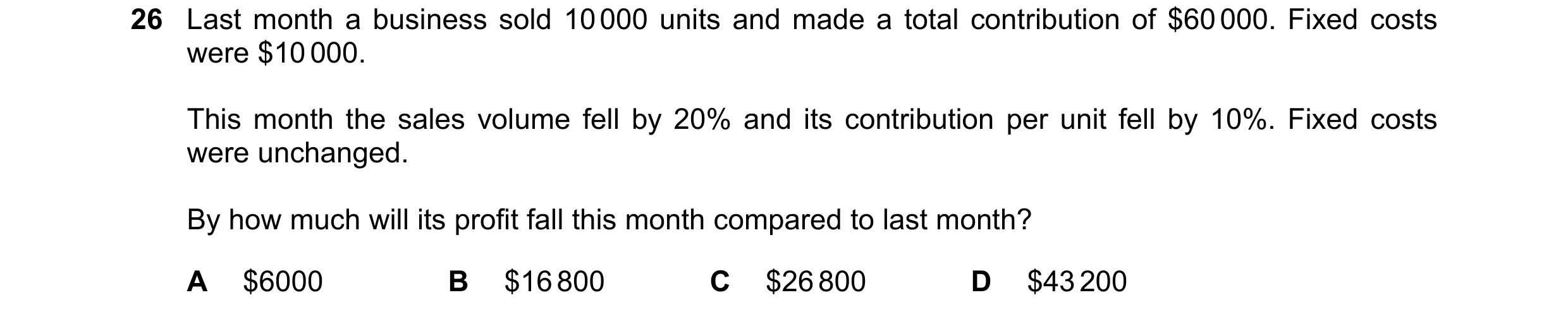 Question 272: Last month a business sold 10 000 units and made a total contribution of $60 000. Fixed costs were $10 000. This month the sales volume fel…