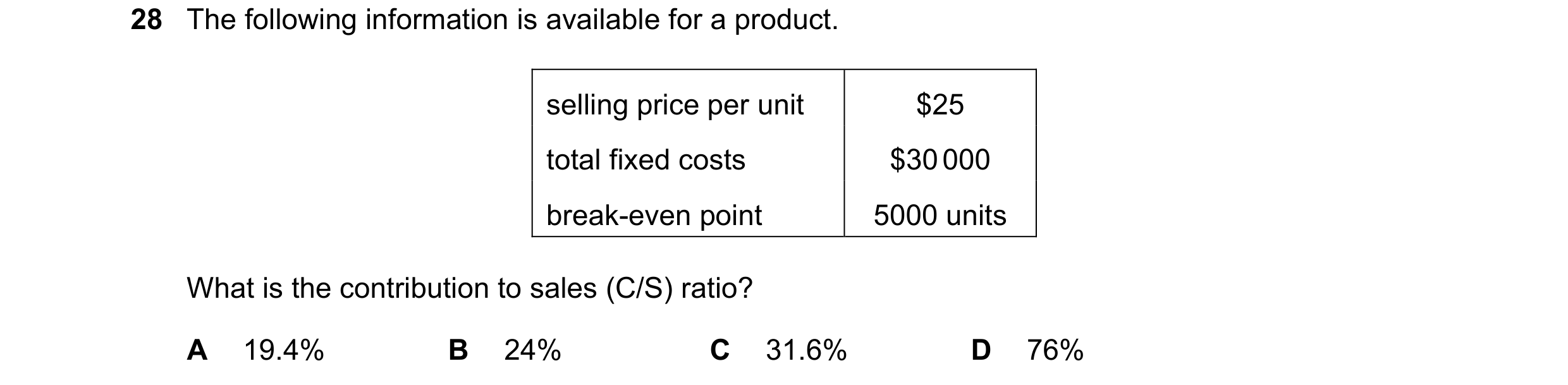 Question 274: The following information is available for a product. selling price per unit $25 total fixed costs $30 000 break-even point 5000 units What…