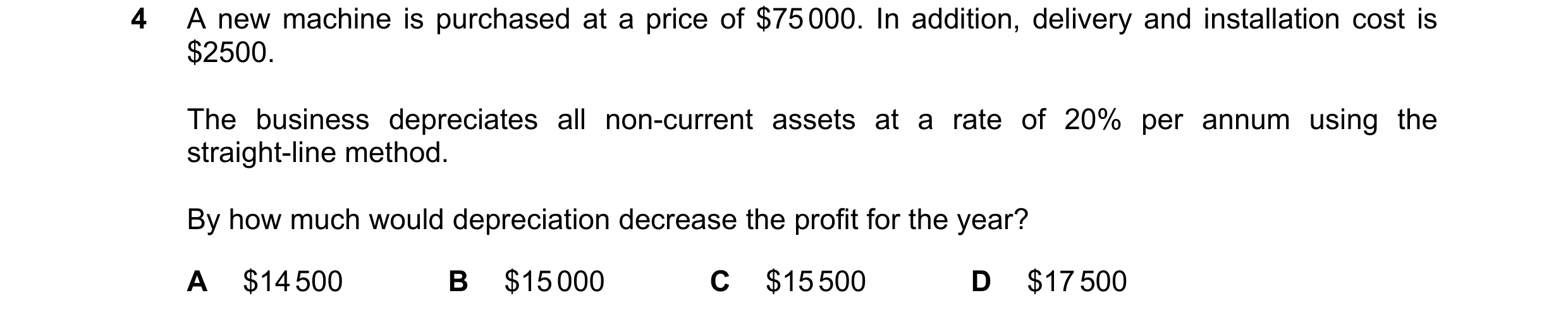 Question 173: A new machine is purchased at a price of $75 000. In addition, delivery and installation cost is $2500. The business depreciates all non-cu…