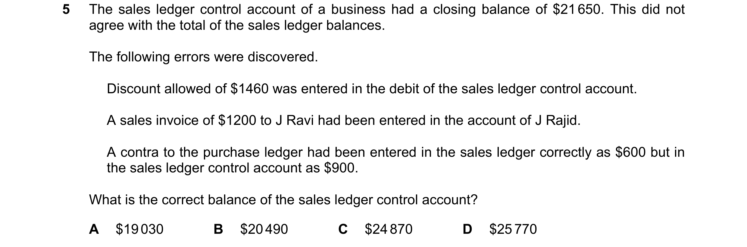 Question 247: The sales ledger control account of a business had a closing balance of $21 650. This did not agree with the total of the sales ledger bala…