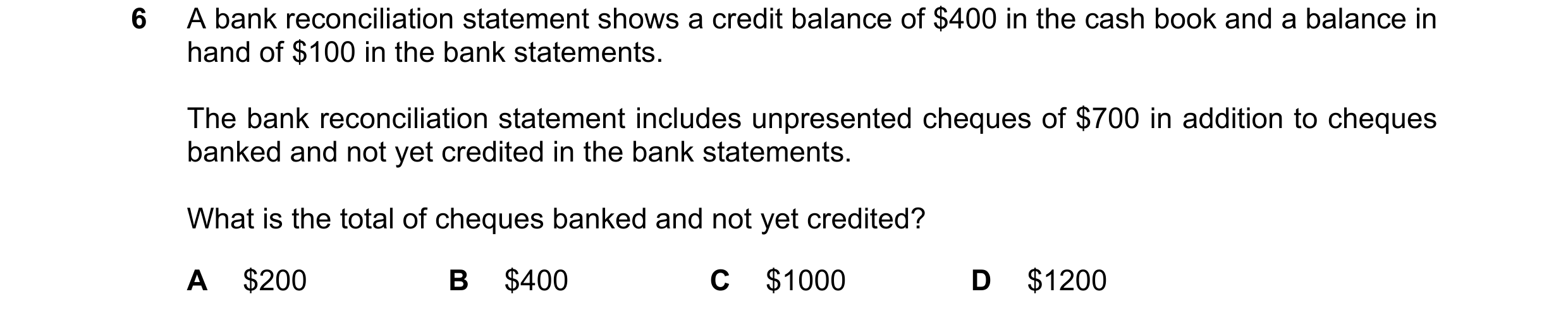 Question 248: A bank reconciliation statement shows a credit balance of $400 in the cash book and a balance in hand of $100 in the bank statements. The b…