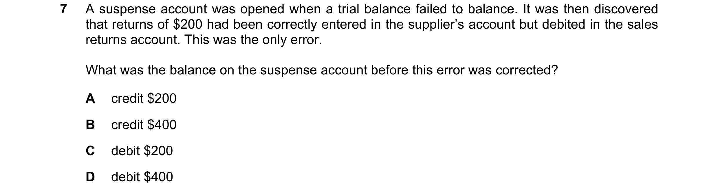 Question 249: A suspense account was opened when a trial balance failed to balance. It was then discovered that returns of $200 had been correctly entere…