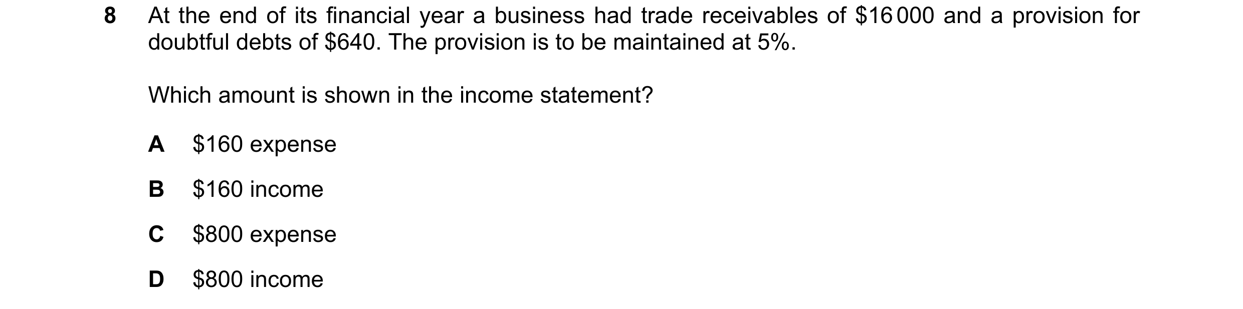 Question 611: At the end of its financial year a business had trade receivables of $16 000 and a provision for doubtful debts of $640. The provision is t…