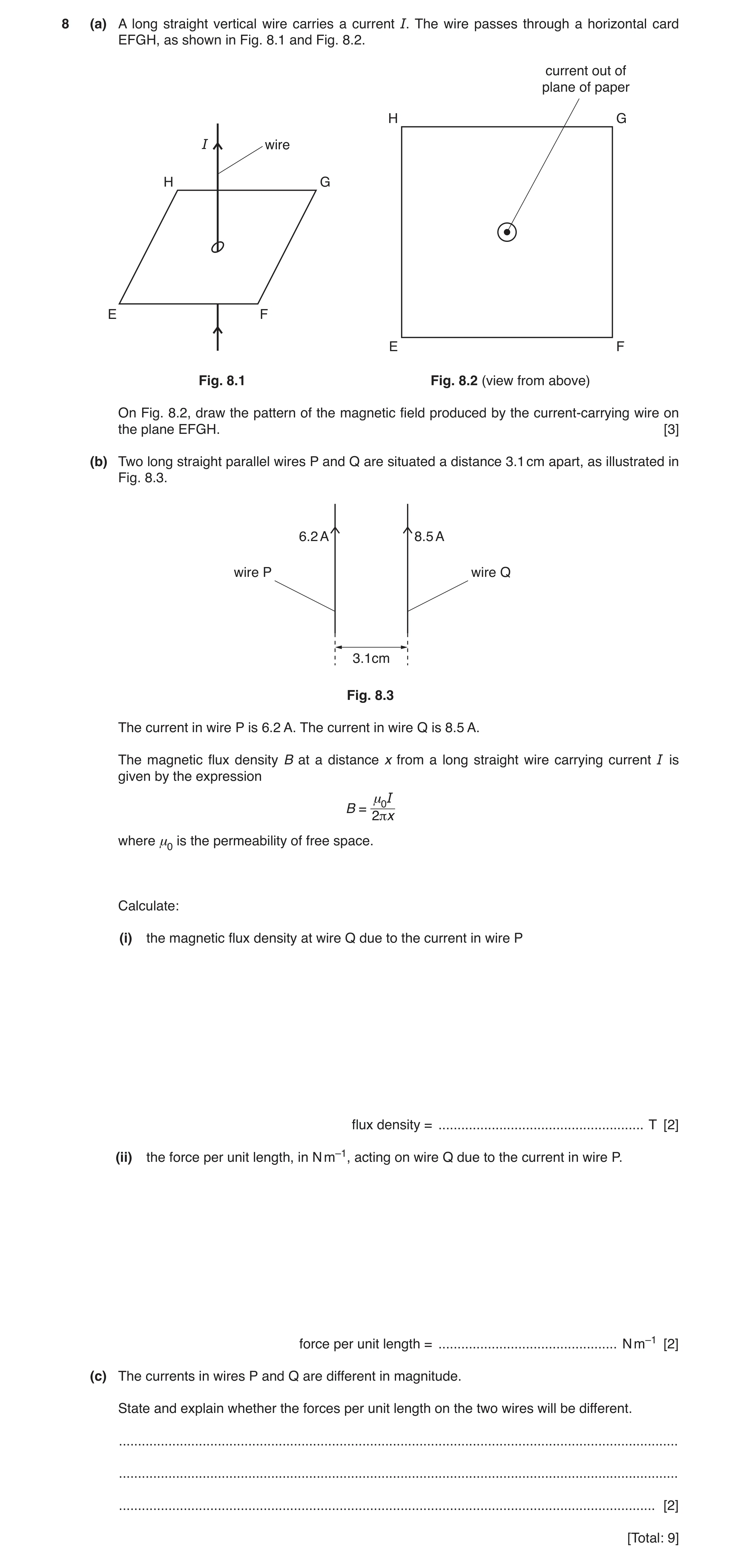 Question 7: (a) A long straight vertical wire carries a current I. The wire passes through a horizontal card EFGH, as shown in Fig. 8.1 and Fig. 8.2. c…