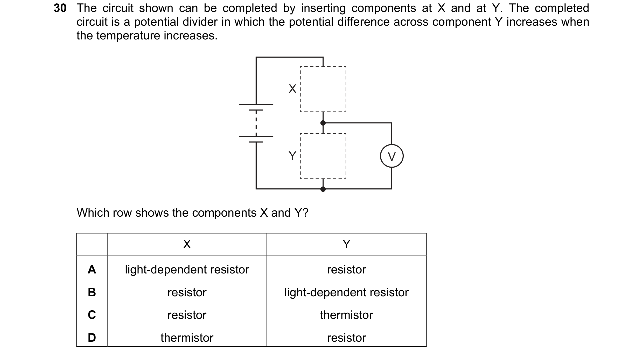 Question 263: The circuit shown can be completed by inserting components at X and at Y. The completed circuit is a potential divider in which the potenti…