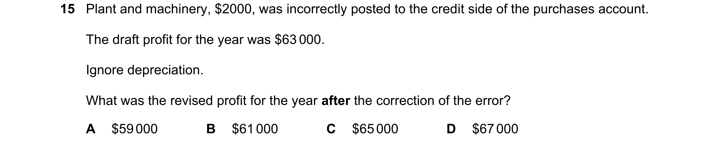 Question 47: Plant and machinery, $2000, was incorrectly posted to the credit side of the purchases account. The draft profit for the year was $63 000. …