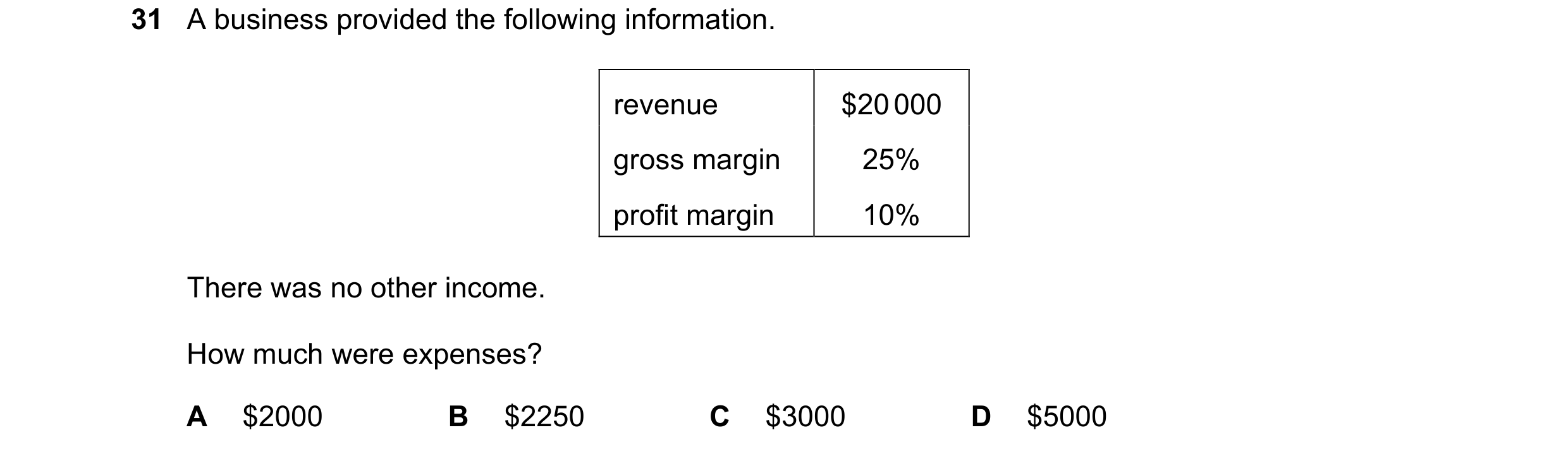 Question 32: A business provided the following information. revenue $20 000 gross margin 25% profit margin 10% There was no other income. How much were …