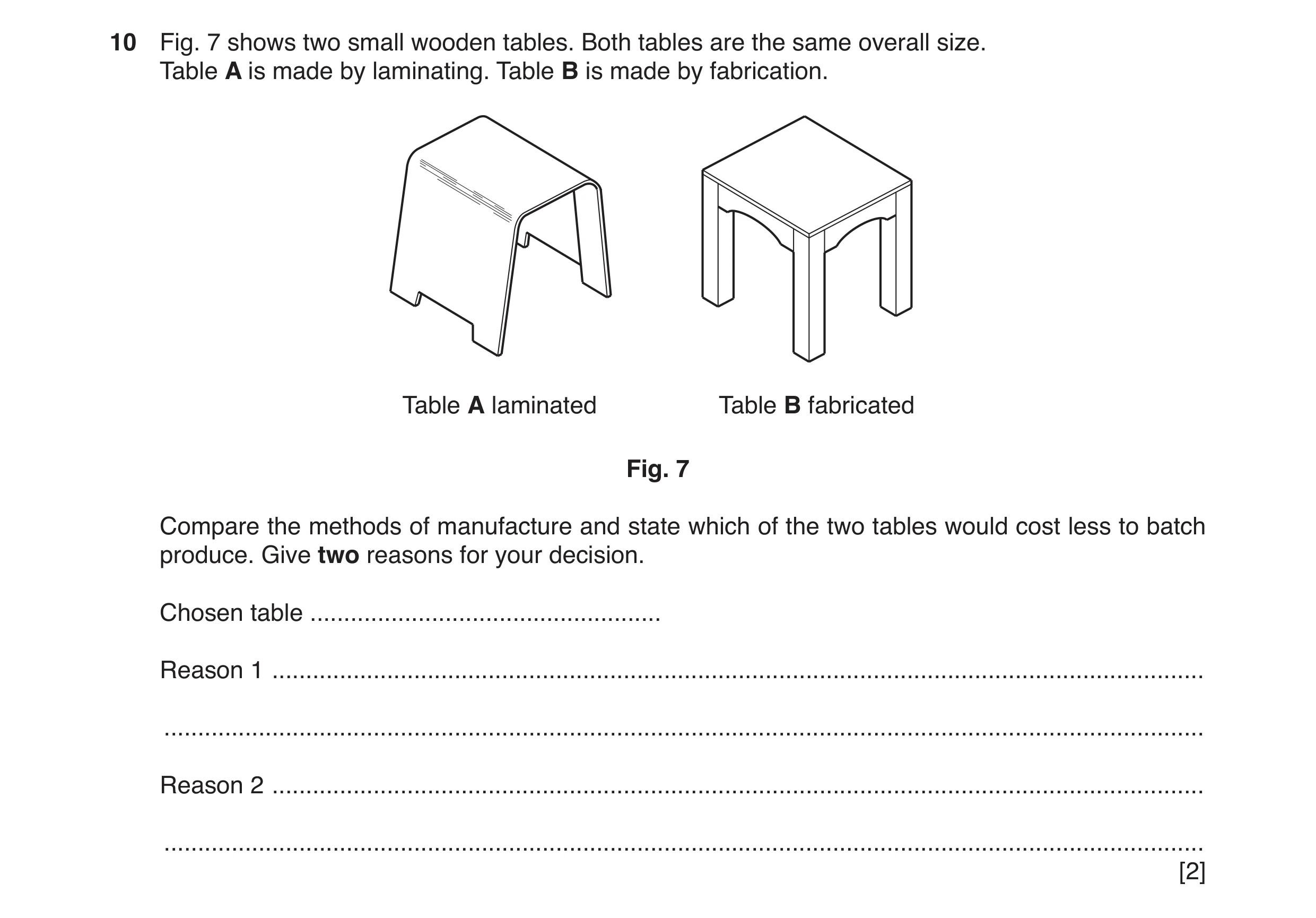 Question 141: Fig. 7 shows two small wooden tables. Both tables are the same overall size. Table A is made by laminating. Table B is made by fabrication.…