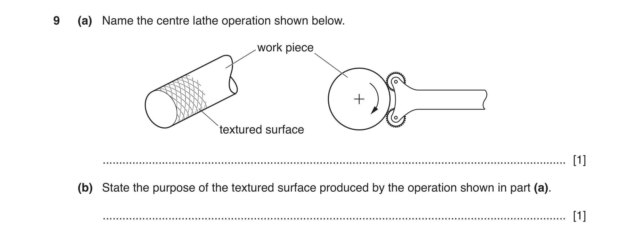 Question 18: (a) Name the centre lathe operation shown below. work piece textured surface ..............................................................…
