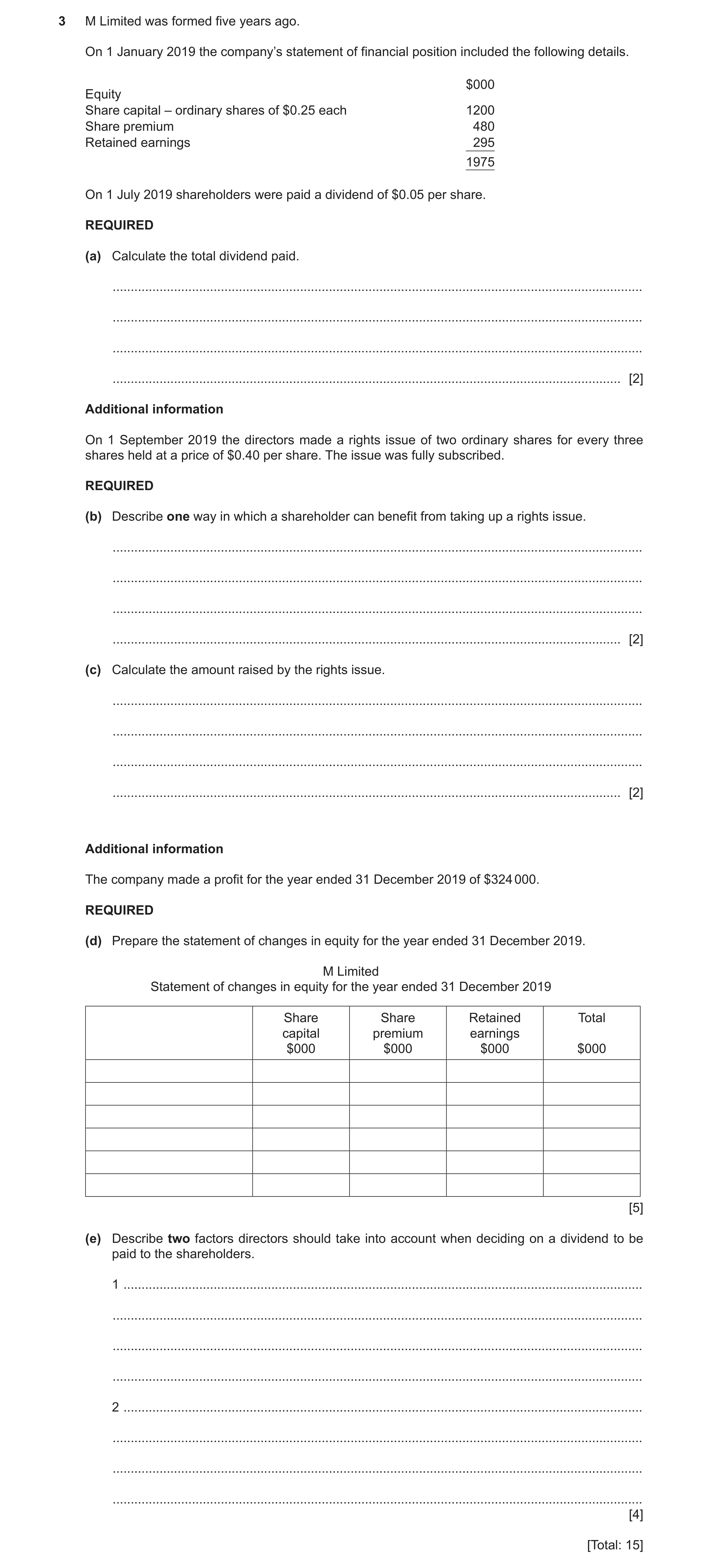 Question 40: M Limited was formed five years ago. On 1 January 2019 the company’s statement of financial position included the following details. $000 E…