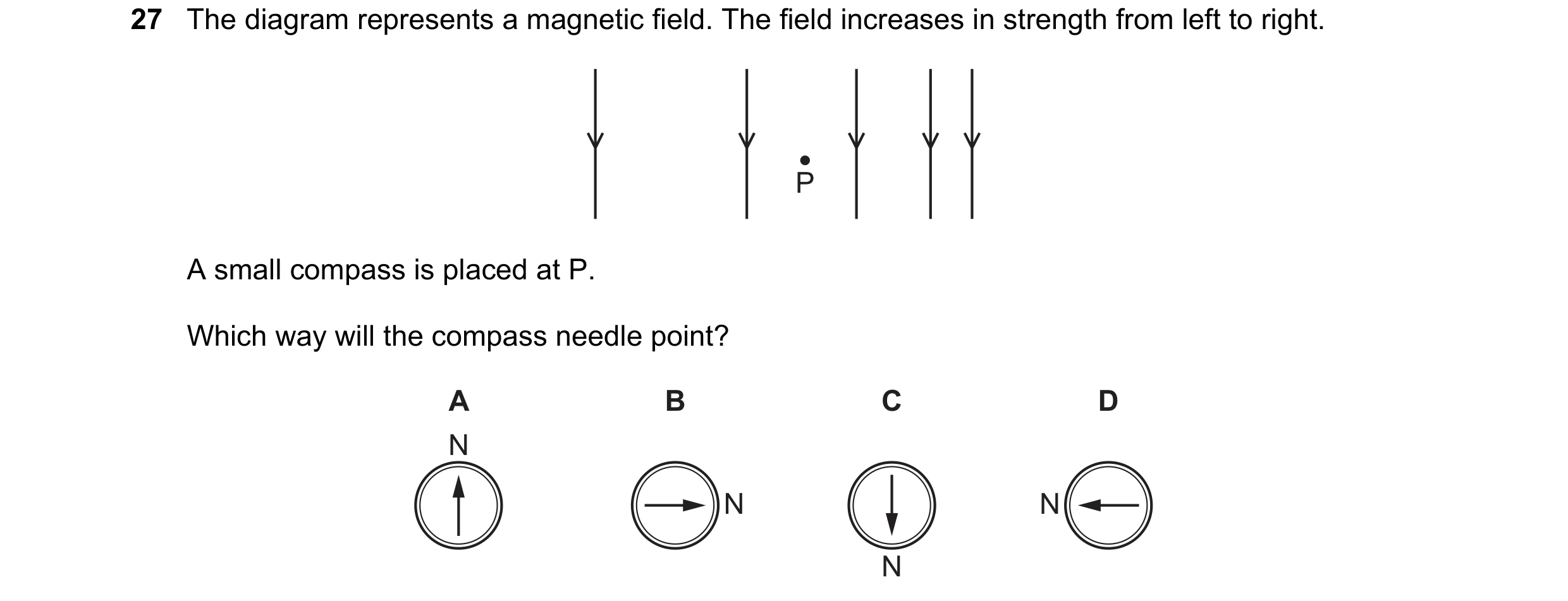 Question 152: The diagram represents a magnetic field. The field increases in strength from left to right. P A small compass is placed at P. Which way wi…