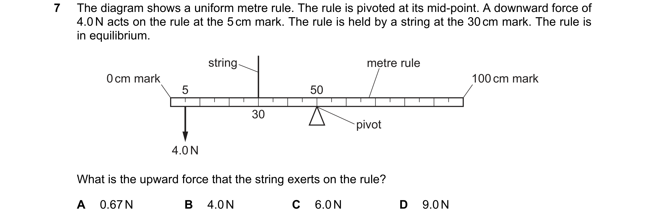 Question 213: The diagram shows a uniform metre rule. The rule is pivoted at its mid-point. A downward force of 4.0 N acts on the rule at the 5 cm mark. …