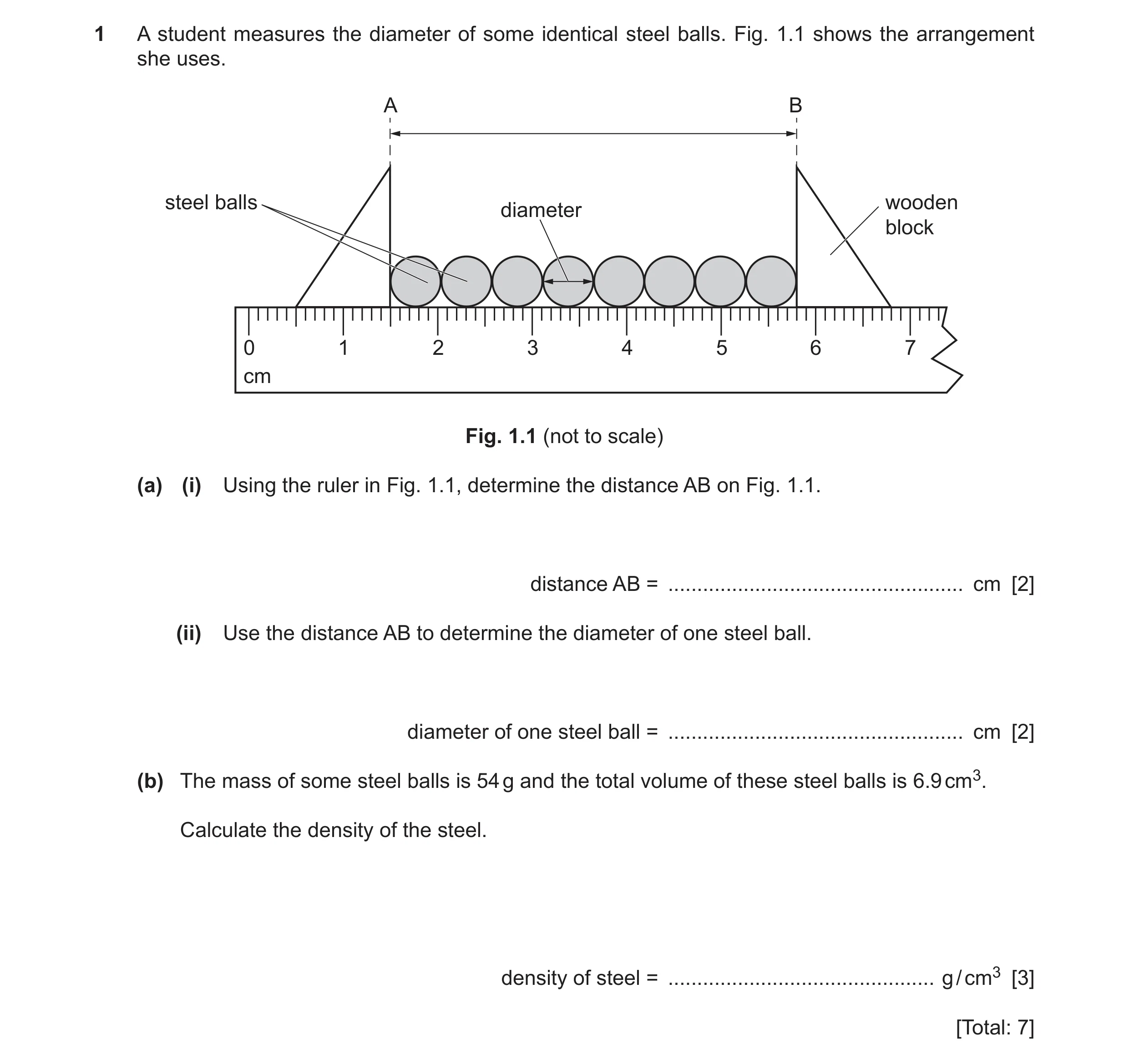 Question 27: A student measures the diameter of some identical steel balls. Fig. 1.1 shows the arrangement she uses. A B steel balls wooden diameter blo…