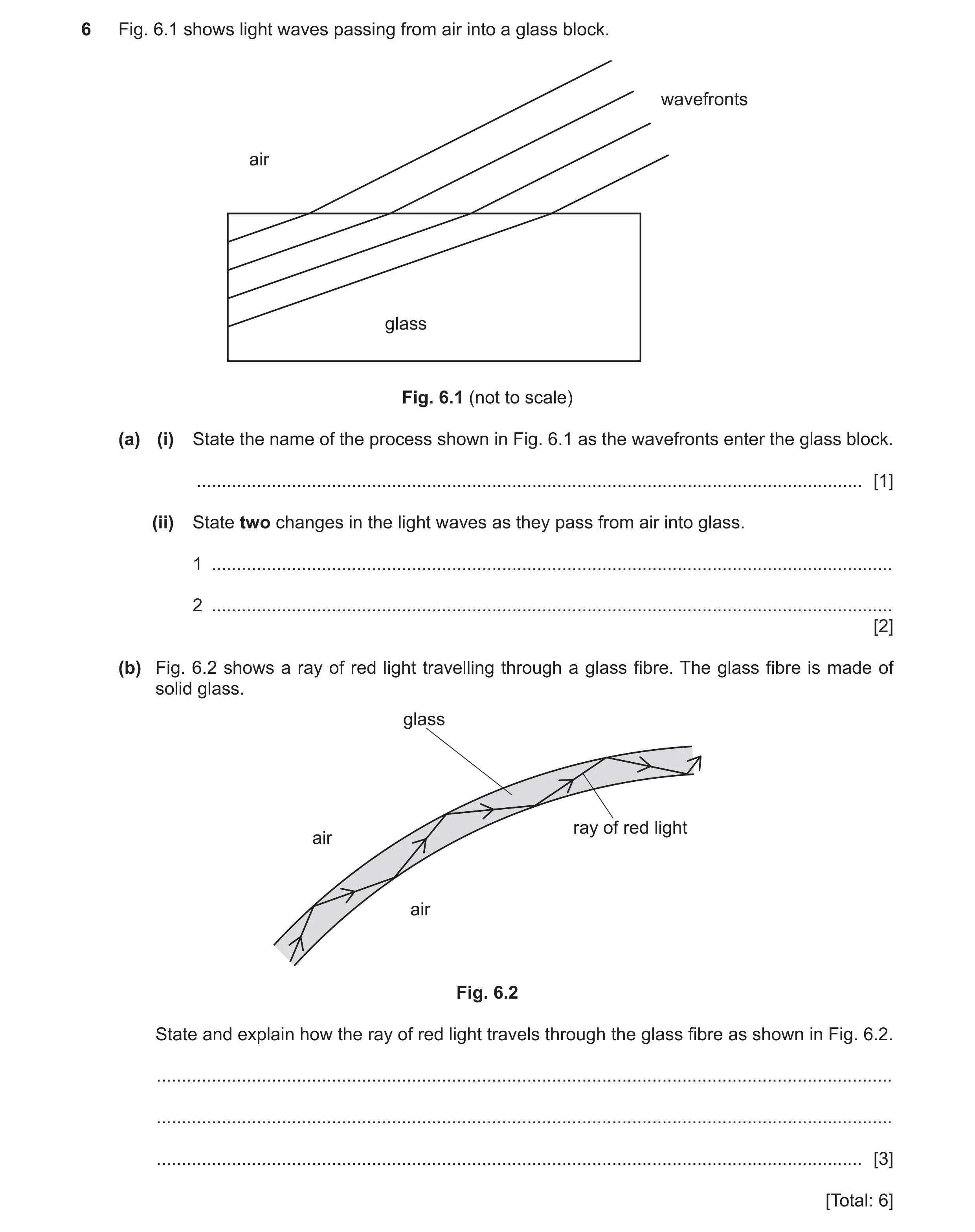 Question 39: Fig. 6.1 shows light waves passing from air into a glass block. wavefronts air glass Fig. 6.1 (not to scale) (a) (i) State the name of the …