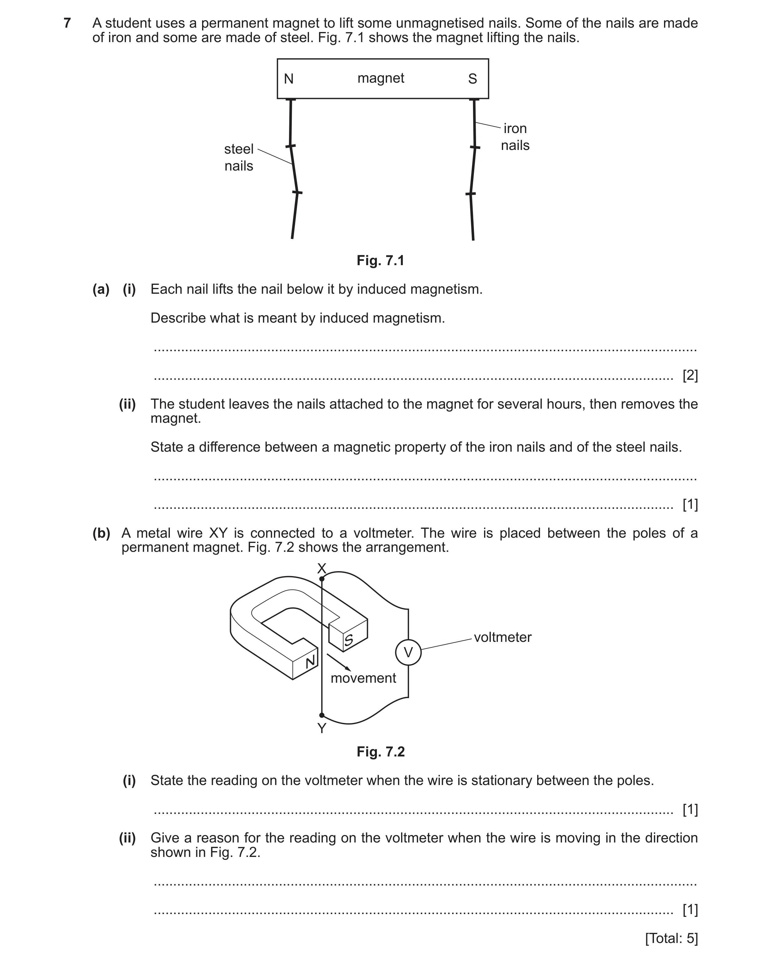 Question 32: A student uses a permanent magnet to lift some unmagnetised nails. Some of the nails are made of iron and some are made of steel. Fig. 7.1 …