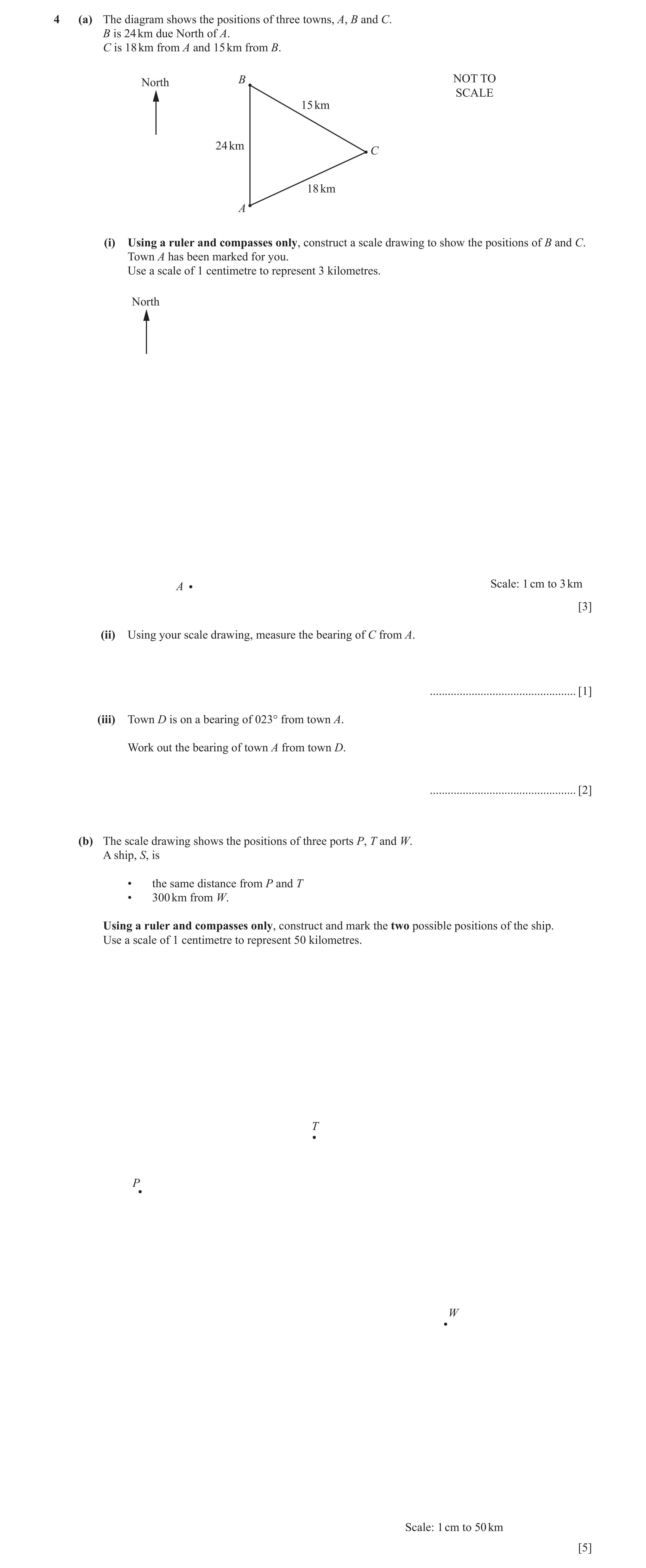 Question 23: (a) The diagram shows the positions of three towns, A, B and C. B is 24 km due North of A. C is 18 km from A and 15 km from B. North B NOT …