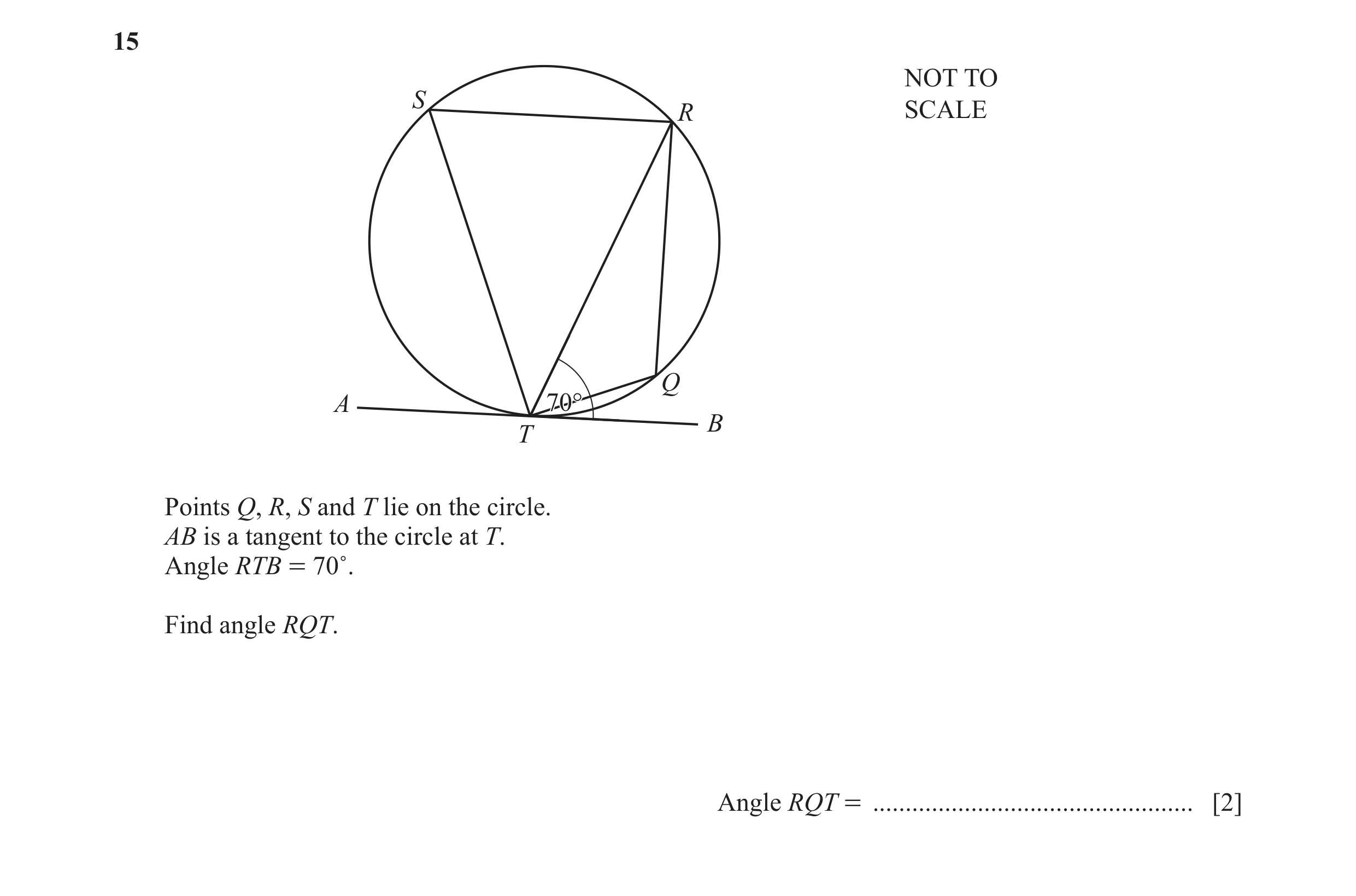 Question 15: NOT TO S R SCALE Q A 70°70° B T Points Q, R, S and T lie on the circle. AB is a tangent to the circle at T. Angle RTB = 70˚. Find angle RQT…
