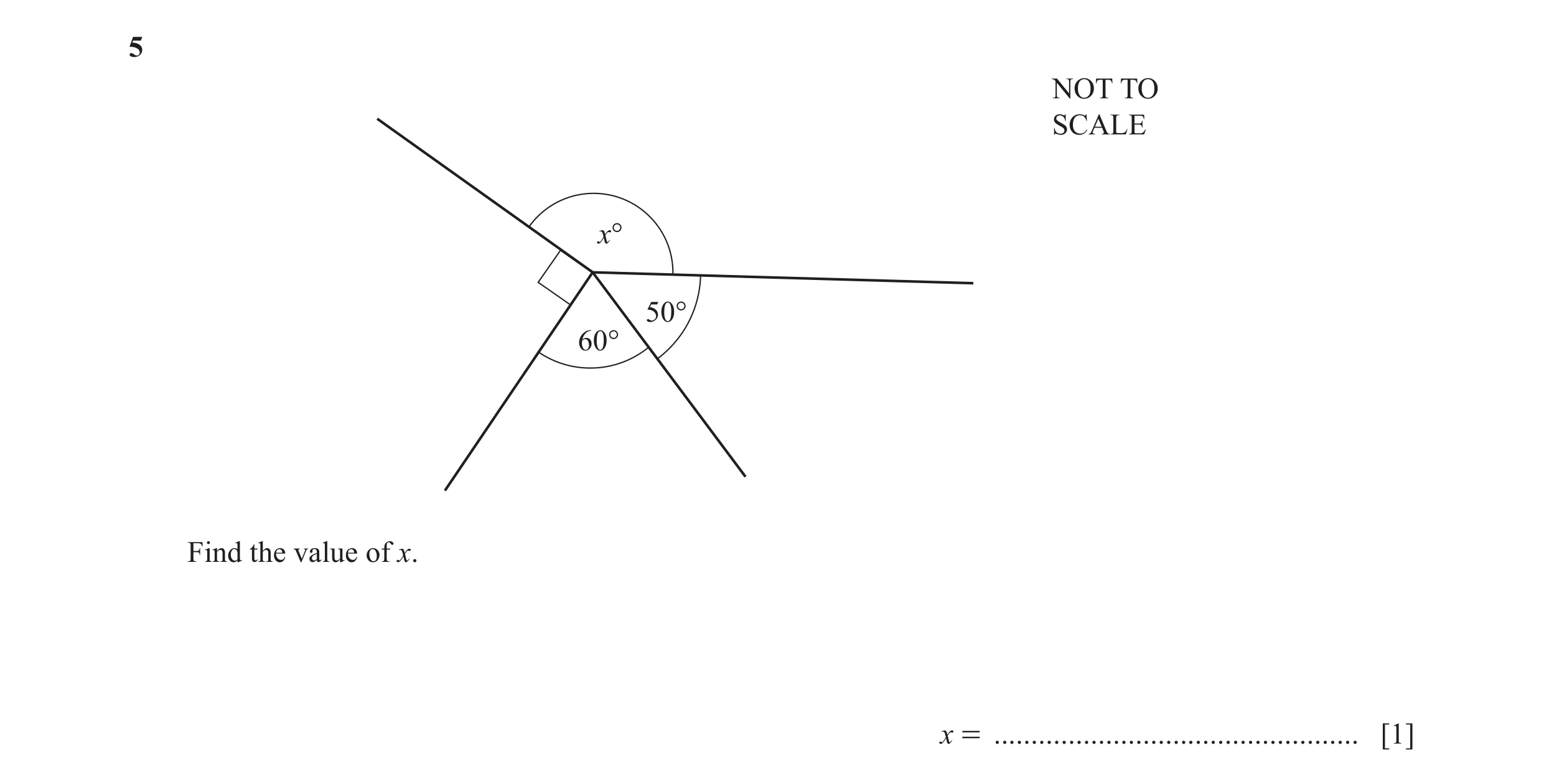 Question 18: NOT TO SCALE x° 50° 60° Find the value of x. x = ................................................. [1]