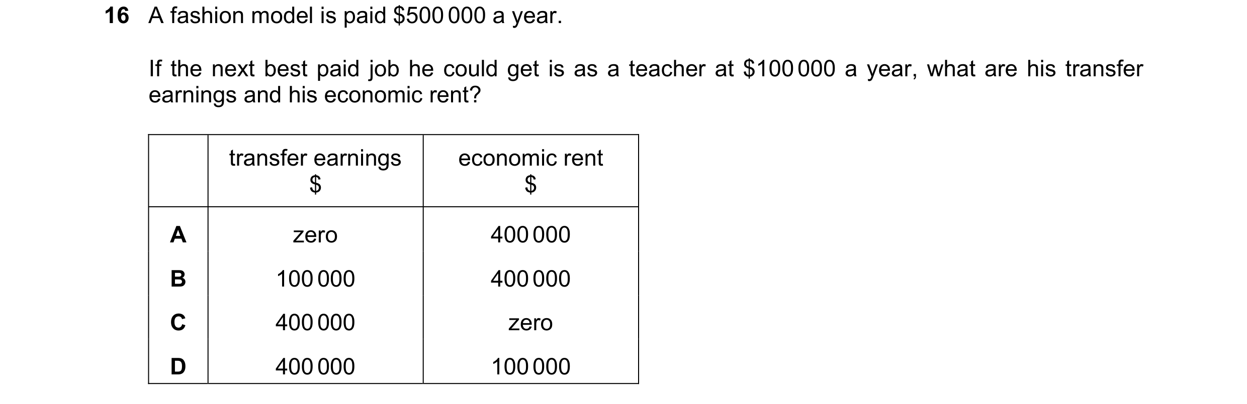 Question 151: A fashion model is paid $500 000 a year. If the next best paid job he could get is as a teacher at $100 000 a year, what are his transfer e…