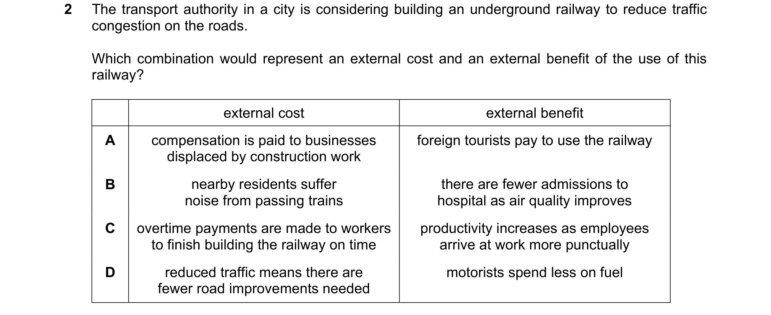 Question 79: The transport authority in a city is considering building an underground railway to reduce traffic congestion on the roads. Which combinati…