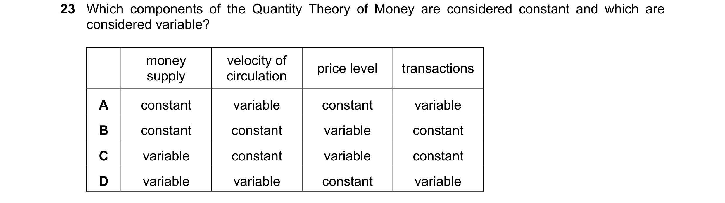 Question 149: Which components of the Quantity Theory of Money are considered constant and which are considered variable? money velocity of price level t…