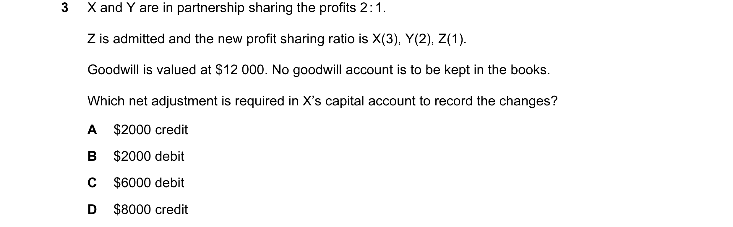 Question 31: X and Y are in partnership sharing the profits 2 : 1. Z is admitted and the new profit sharing ratio is X(3), Y(2), Z(1). Goodwill is value…