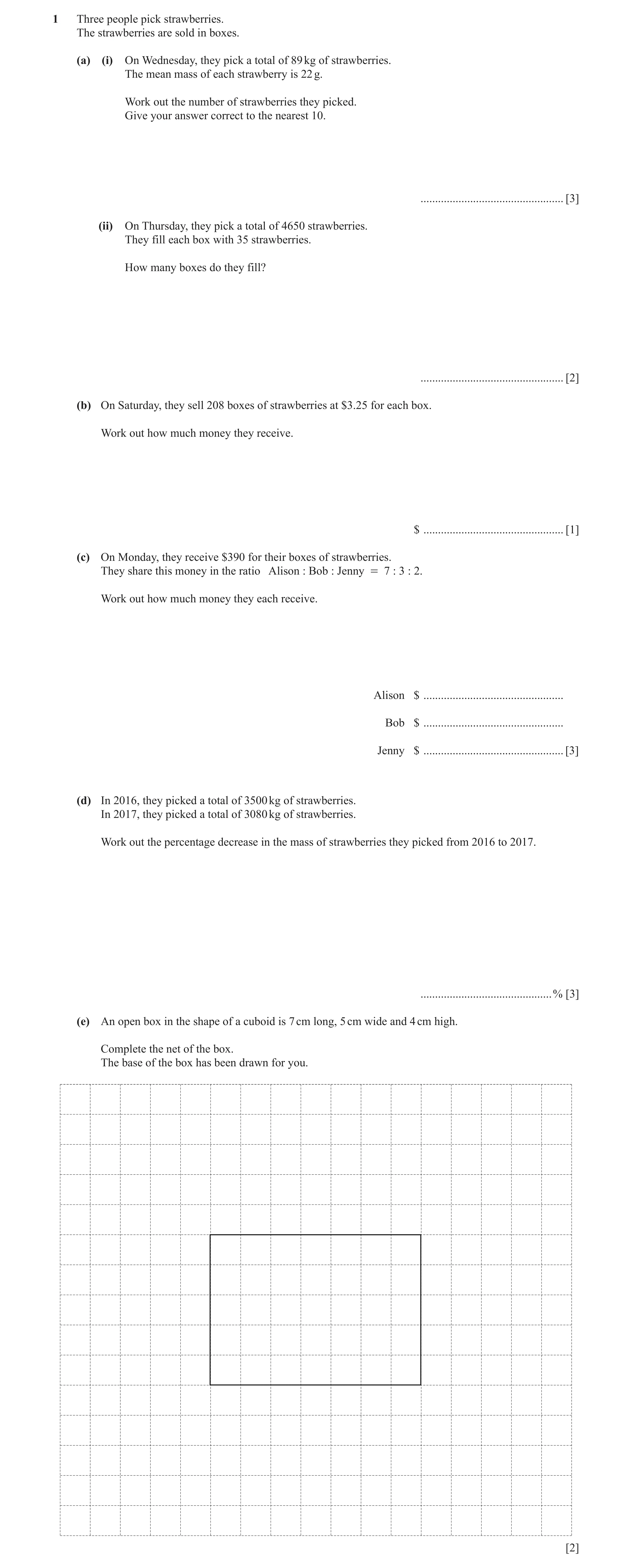 Question 75: Three people pick strawberries. The strawberries are sold in boxes. (a) (i) On Wednesday, they pick a total of 89 kg of strawberries. The m…