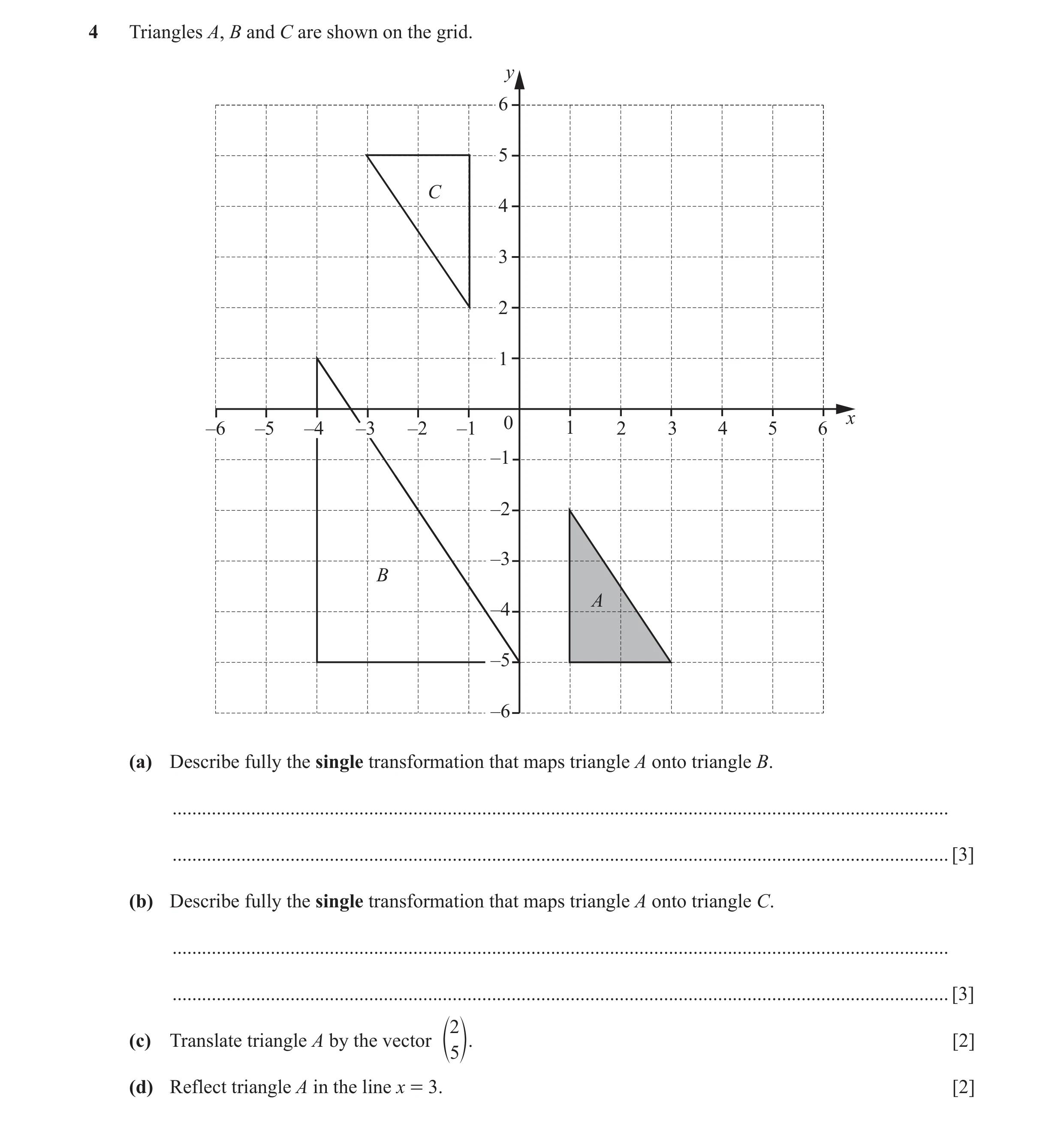 Question 53: Triangles A, B and C are shown on the grid. y 6 5 C 4 3 2 1 x –6 –5 –4 –3 –2 –1 0 1 2 3 4 5 6 –1 –2 –3 B A –4 –5 –6 (a) Describe fully the …