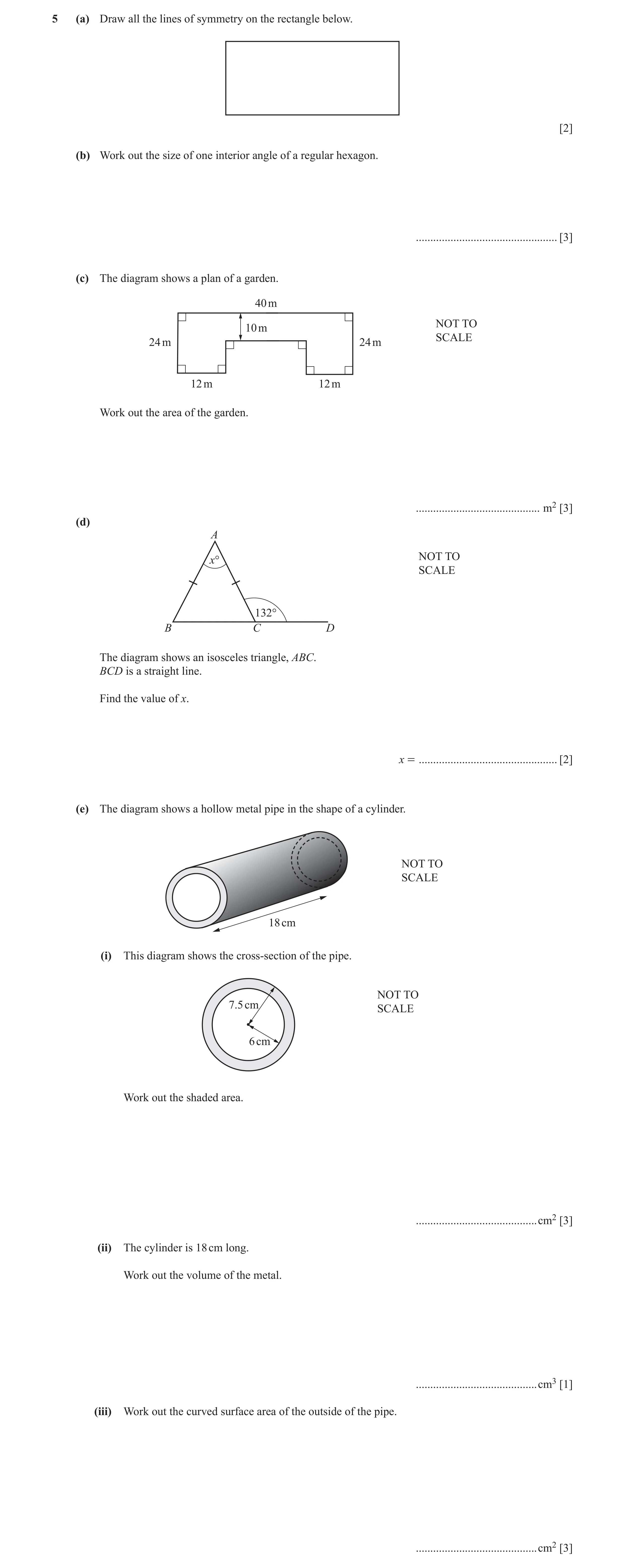 Question 50: (a) Draw all the lines of symmetry on the rectangle below. [2] (b) Work out the size of one interior angle of a regular hexagon. ..........…