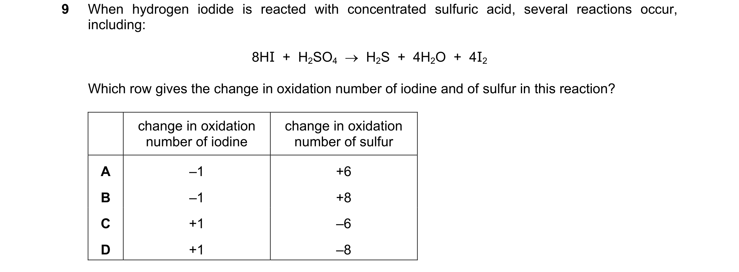 Question 72: When hydrogen iodide is reacted with concentrated sulfuric acid, several reactions occur, including: 8HI  +  H2SO4    H2S  +  4H2O  +  4I2…