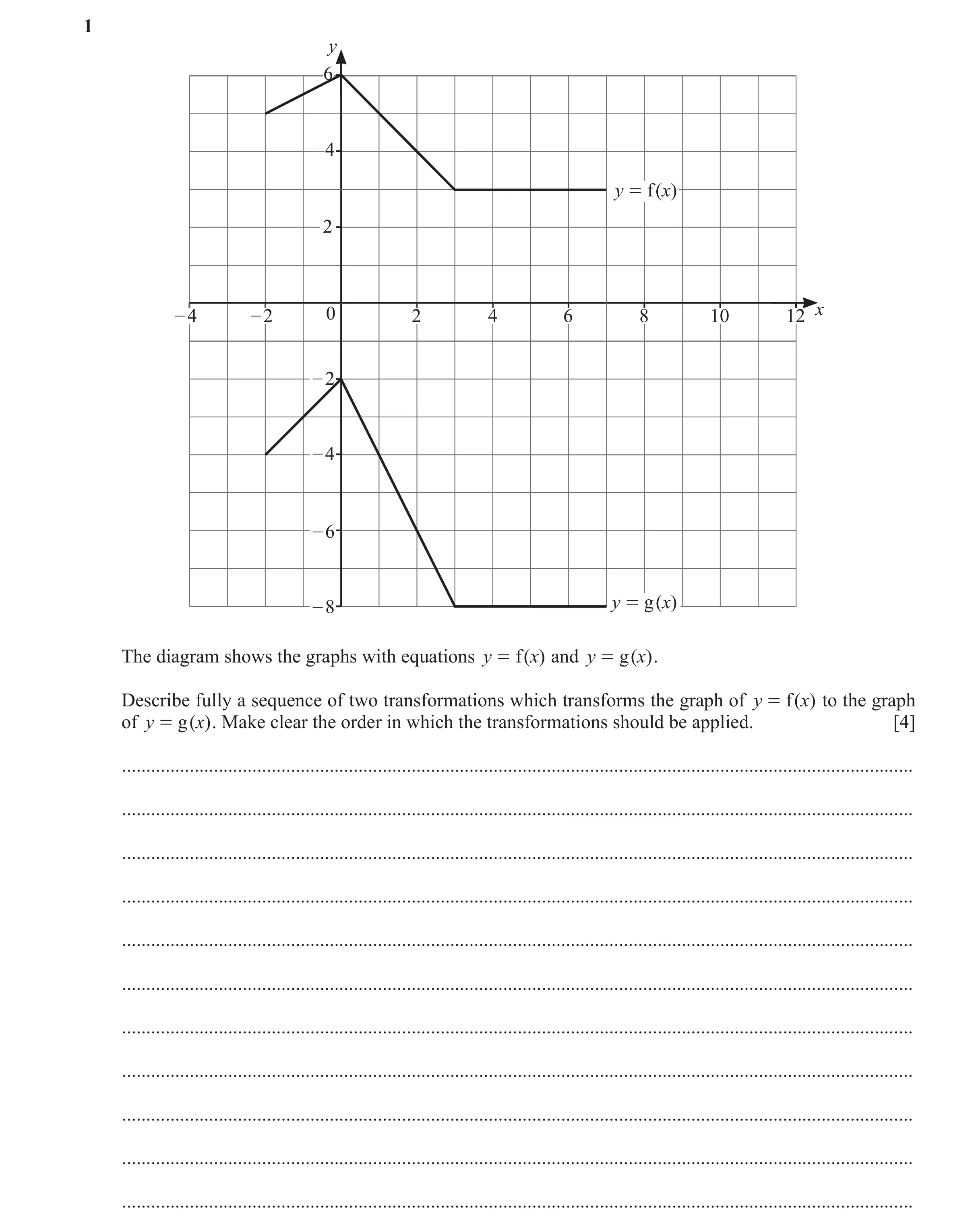 Question 39: y 6 4 y = f( x) 2 – 4 – 2 0 2 4 6 8 10 12 x – 2 – 4 – 6 – 8 y = g( x) The diagram shows the graphs with equations y = f ( x) and y = g ( x)…