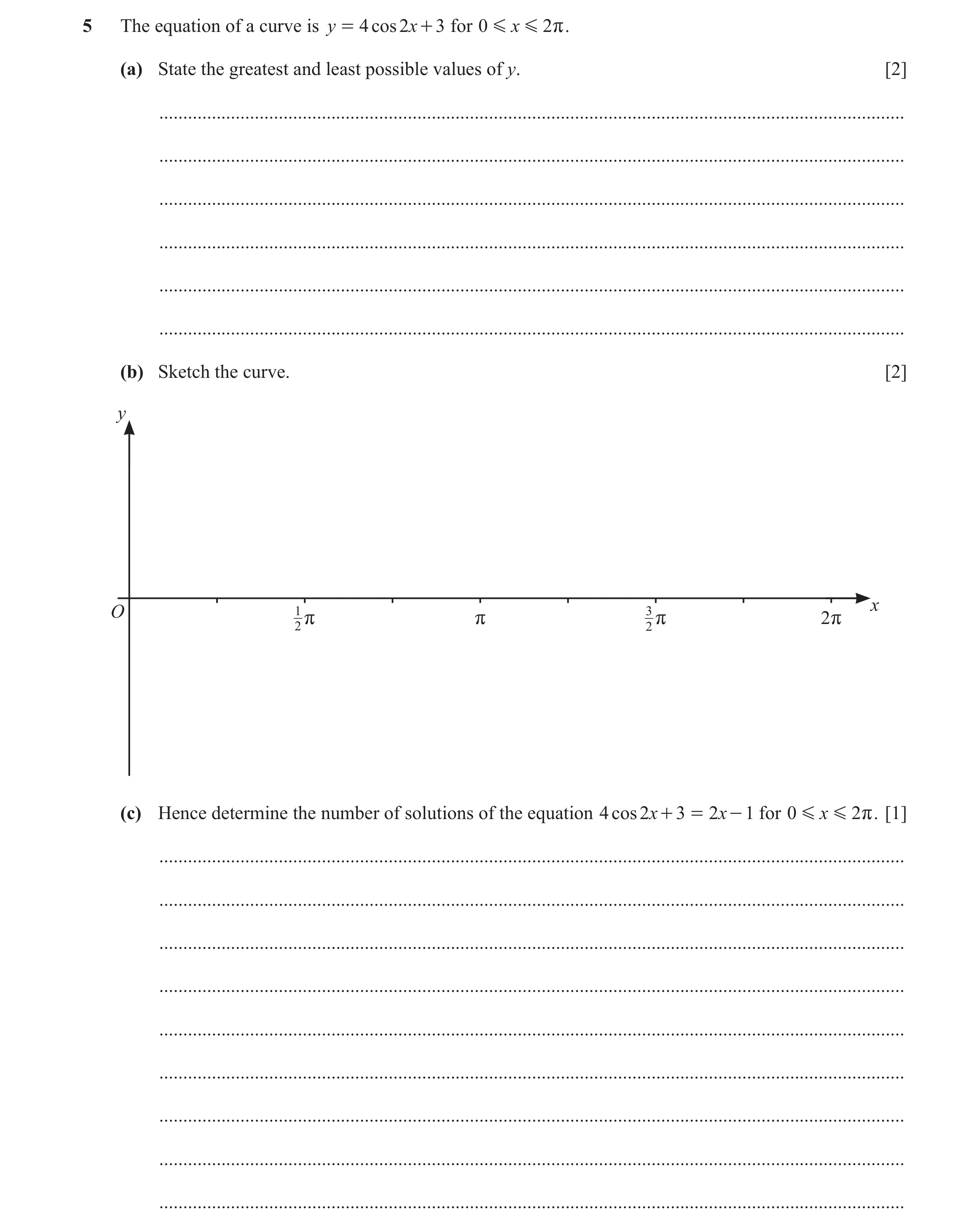 Question 119: The equation of a curve is y = 4 cos 2x + 3 for 0 G x G 2 r. (a) State the greatest and least possible values of y. [2] ...................…