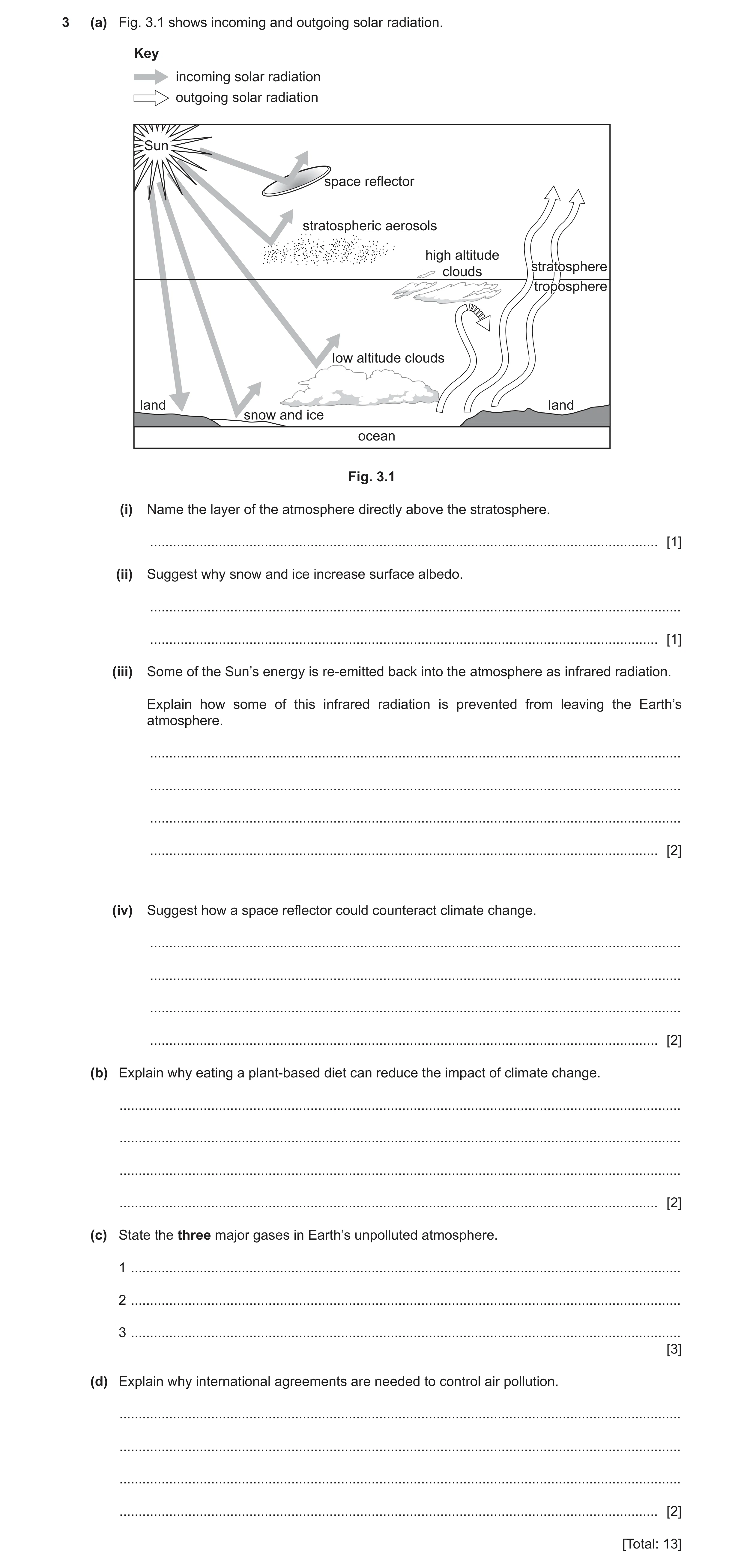 Question 20: (a) Fig. 3.1 shows incoming and outgoing solar radiation. Key incoming solar radiation outgoing solar radiation Sun space reflector stratos…