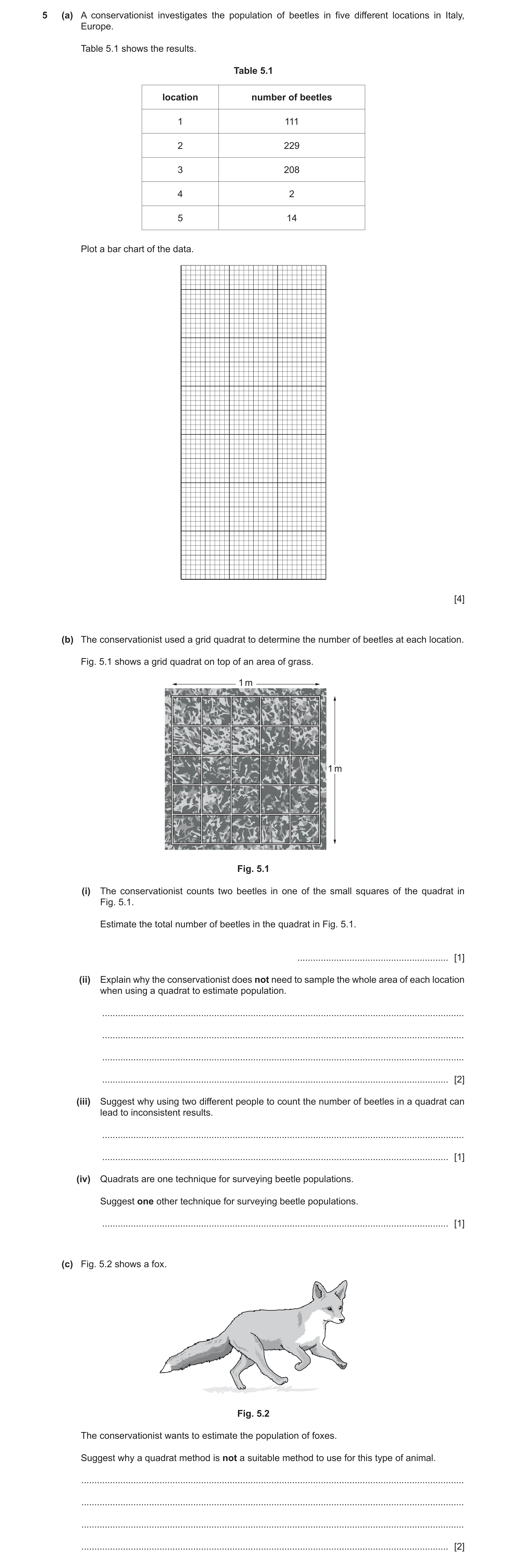 Question 22: (a) A conservationist investigates the population of beetles in five different locations in Italy, Europe. Table 5.1 shows the results. Tab…