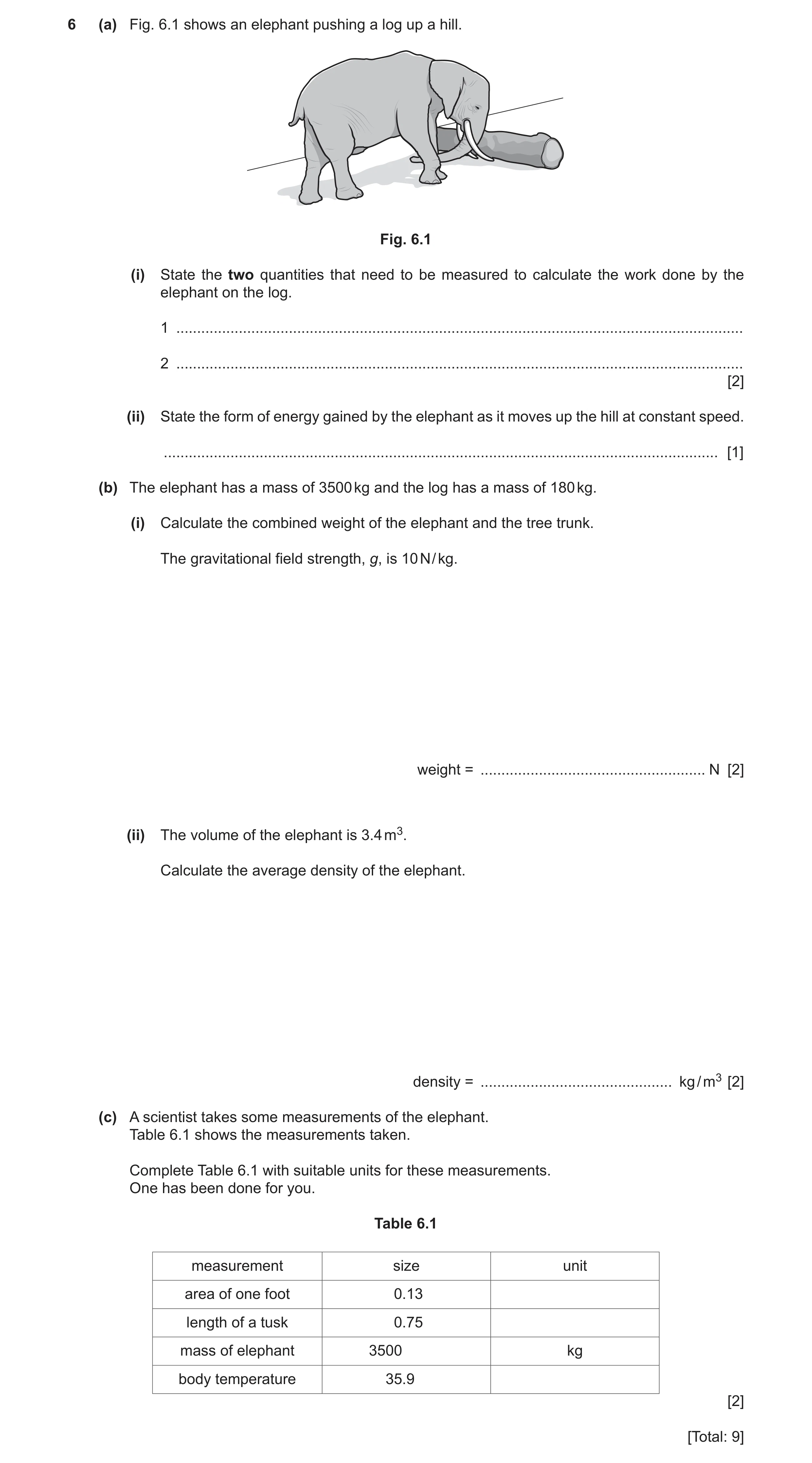 Question 40: (a) Fig. 6.1 shows an elephant pushing a log up a hill. Fig. 6.1 (i) State the two quantities that need to be measured to calculate the wor…