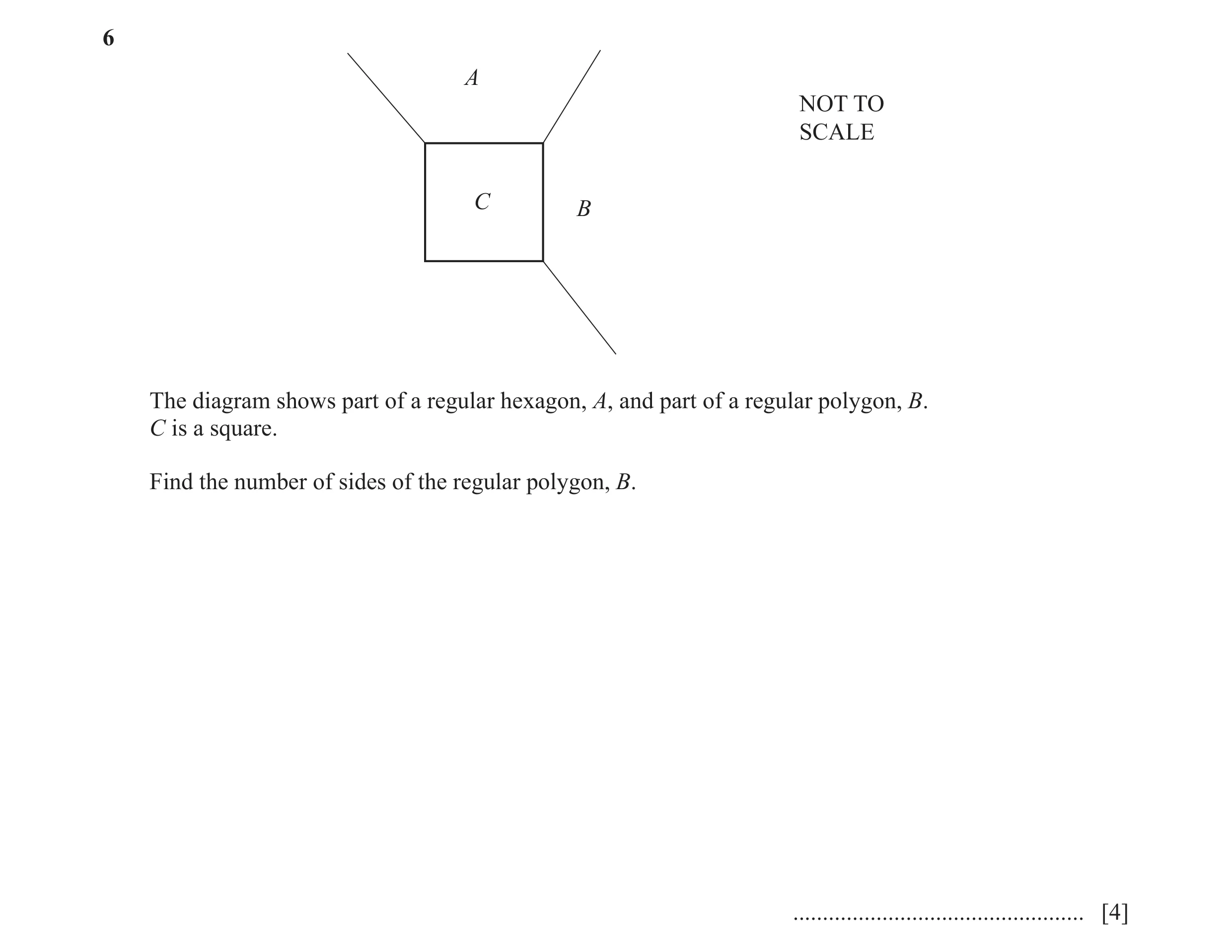 Question 29: A NOT TO SCALE C B The diagram shows part of a regular hexagon, A, and part of a regular polygon, B. C is a square. Find the number of side…