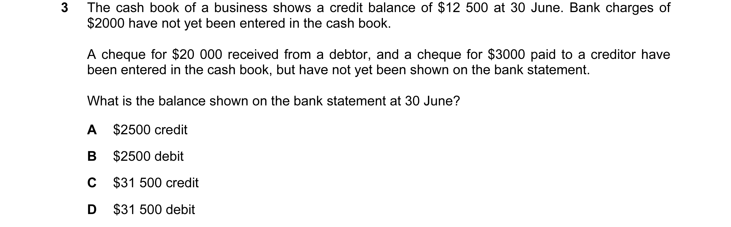 Question 53: The cash book of a business shows a credit balance of $12 500 at 30 June. Bank charges of $2000 have not yet been entered in the cash book.…