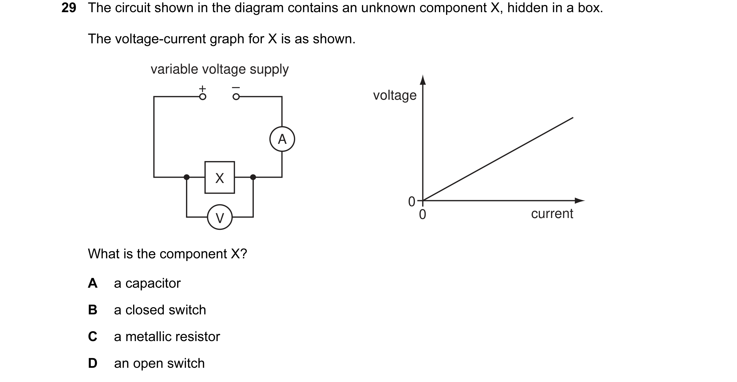 Question 15: The circuit shown in the diagram contains an unknown component X, hidden in a box. The voltage-current graph for X is as shown. variable vo…
