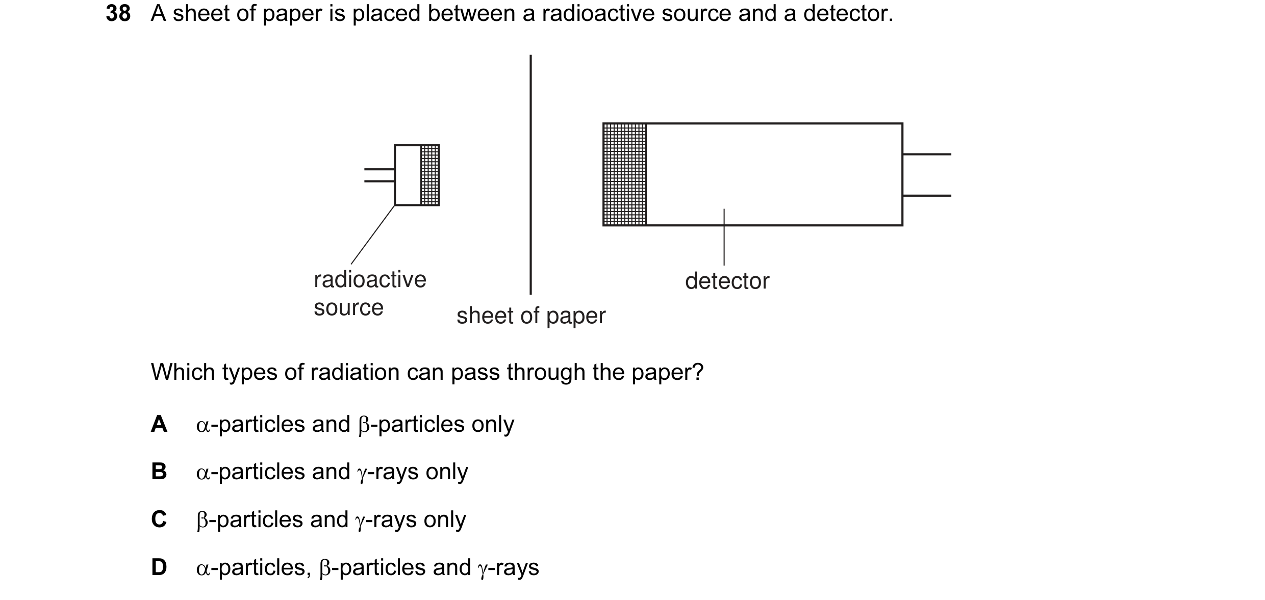 Question 10: A sheet of paper is placed between a radioactive source and a detector. radioactive detector source sheet of paper Which types of radiation…