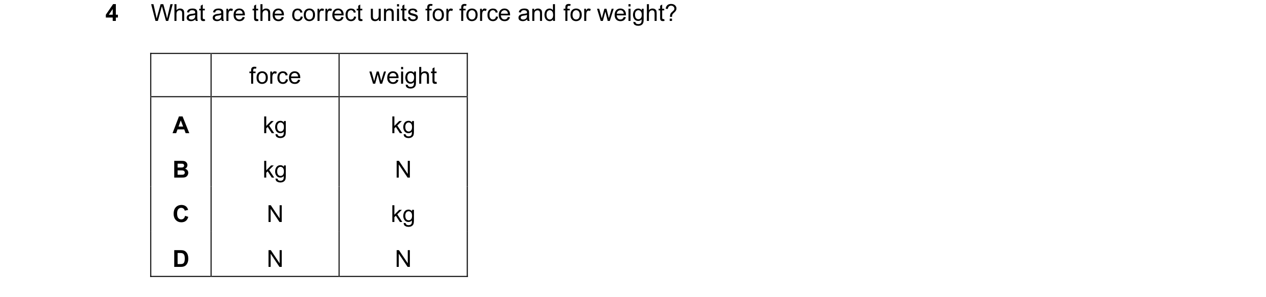 Question 15: What are the correct units for force and for weight? force weight A kg kg B kg N C N kg D N N