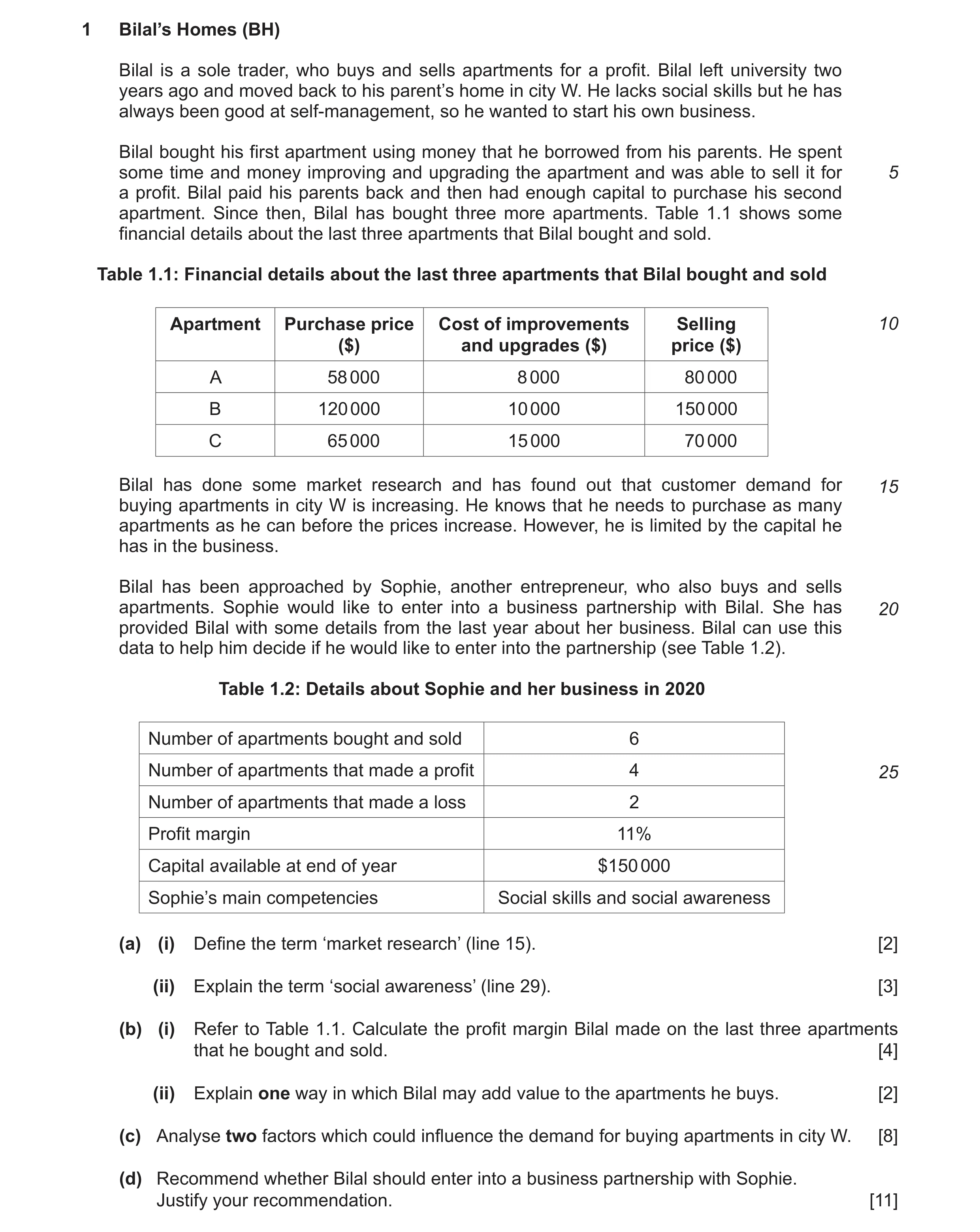 Question 17: Bilal’s Homes (BH) Bilal is a sole trader, who buys and sells apartments for a profit. Bilal left university two years ago and moved back t…