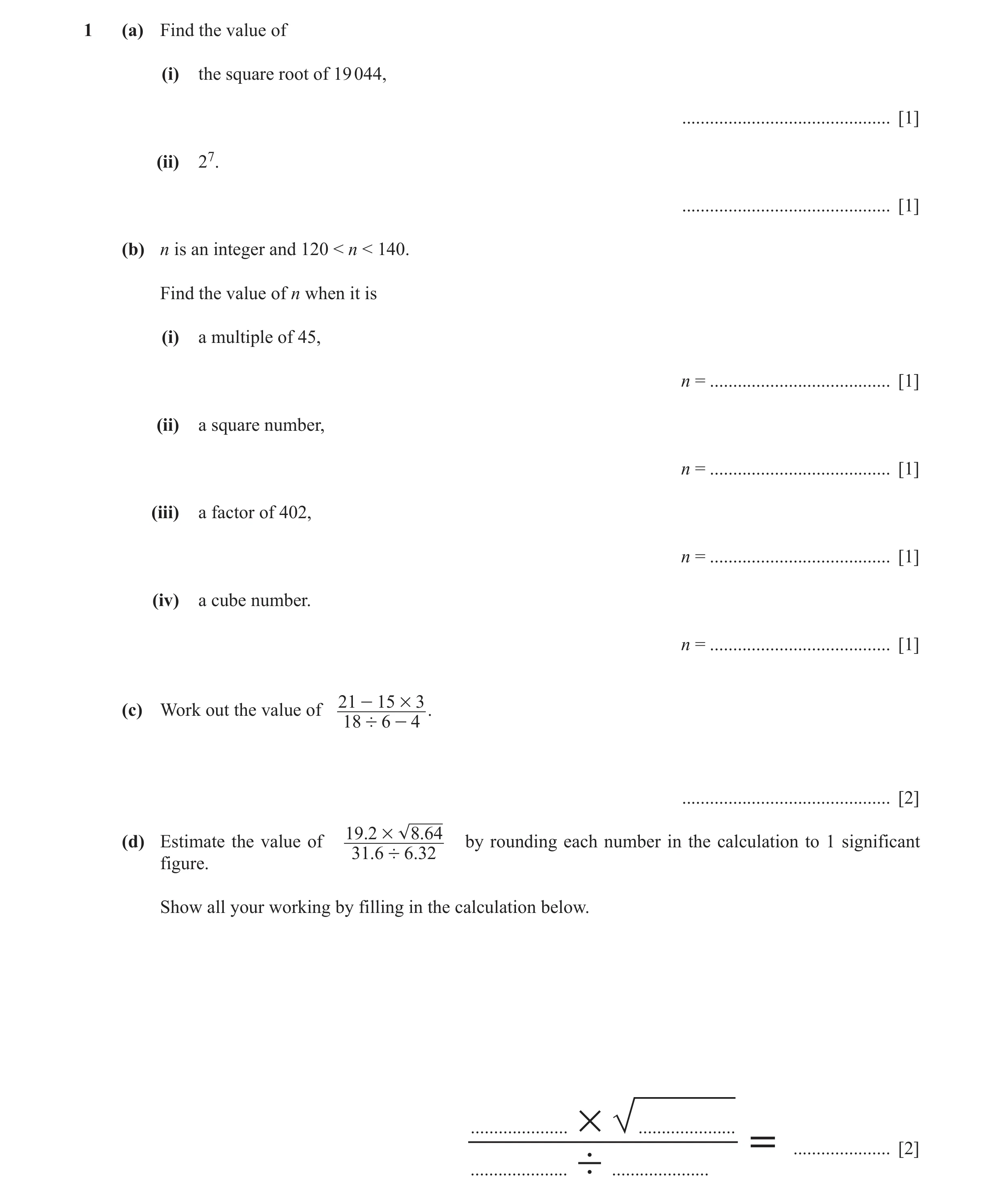 Question 51: (a) Find the value of (i) the square root of 19 044, ............................................. [1] (ii) 27. ...........................…