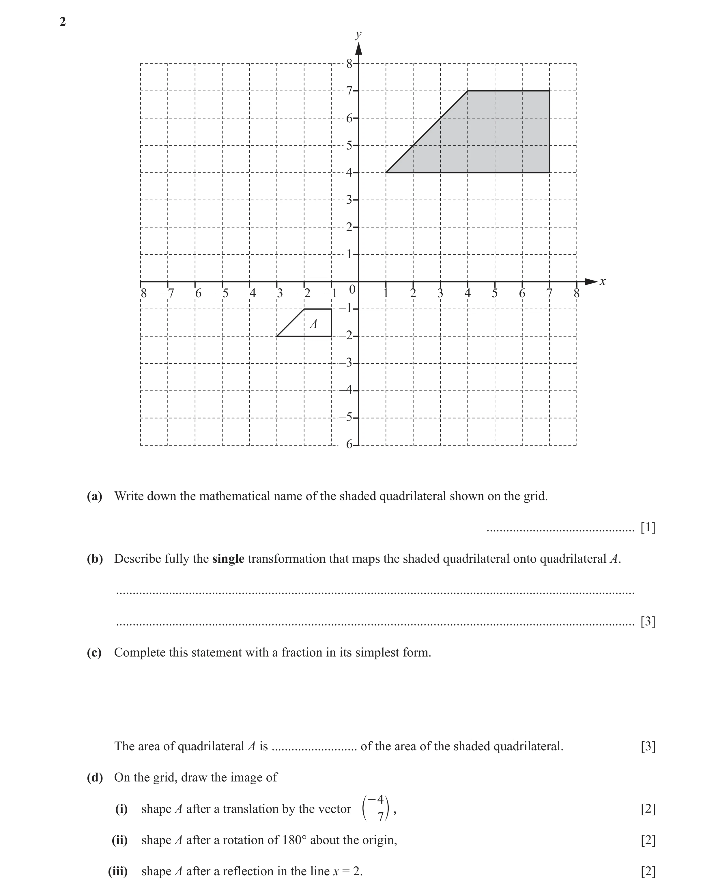 Question 51: y 8 7 6 5 4 3 2 1 x 0 –8 –7 –6 –5 –4 –3 –2 –1 1 2 3 4 5 6 7 8 –1 A –2 –3 –4 –5 –6 (a) Write down the mathematical name of the shaded quadri…