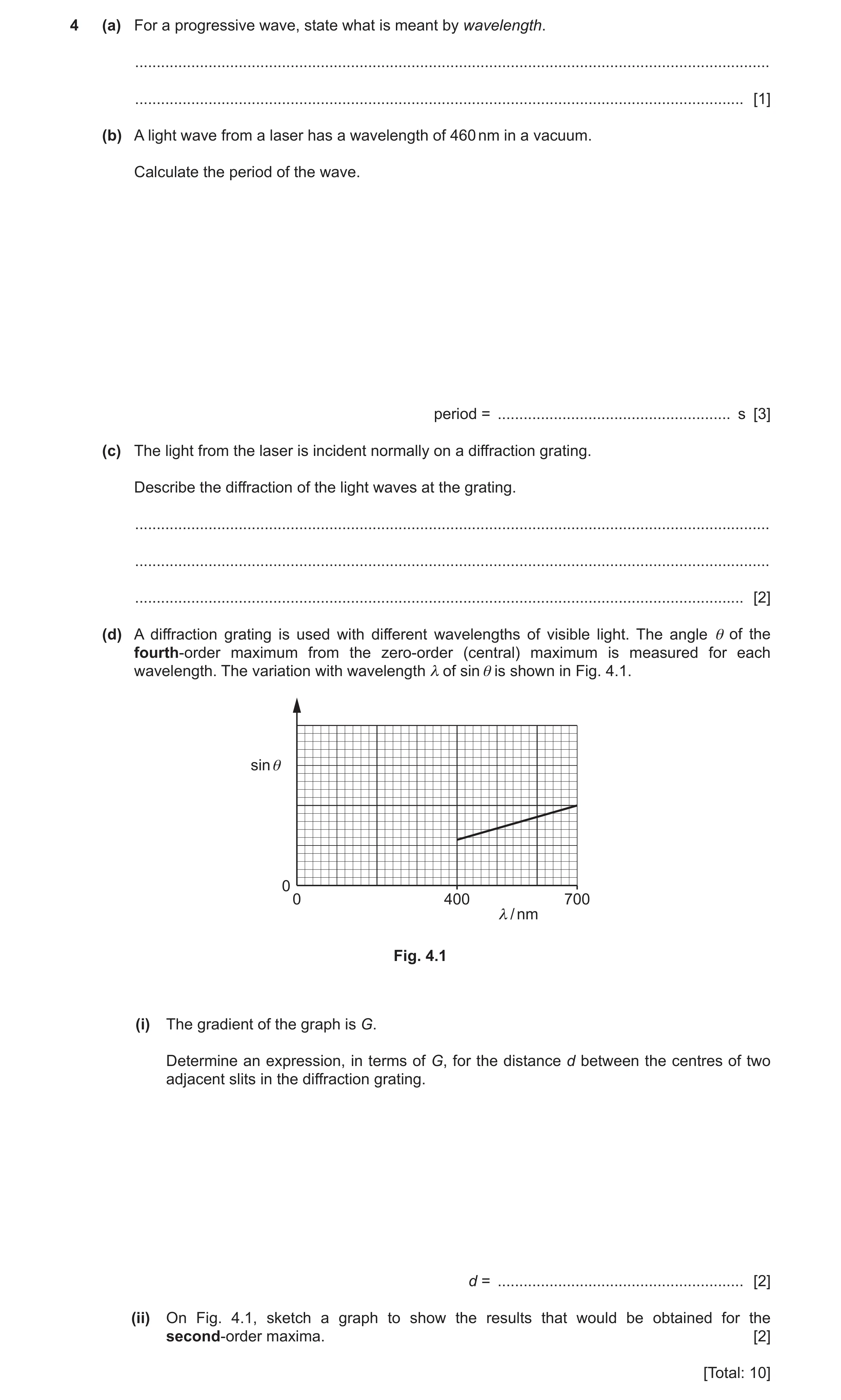 Question 10: (a) For a progressive wave, state what is meant by wavelength. ............................................................................…