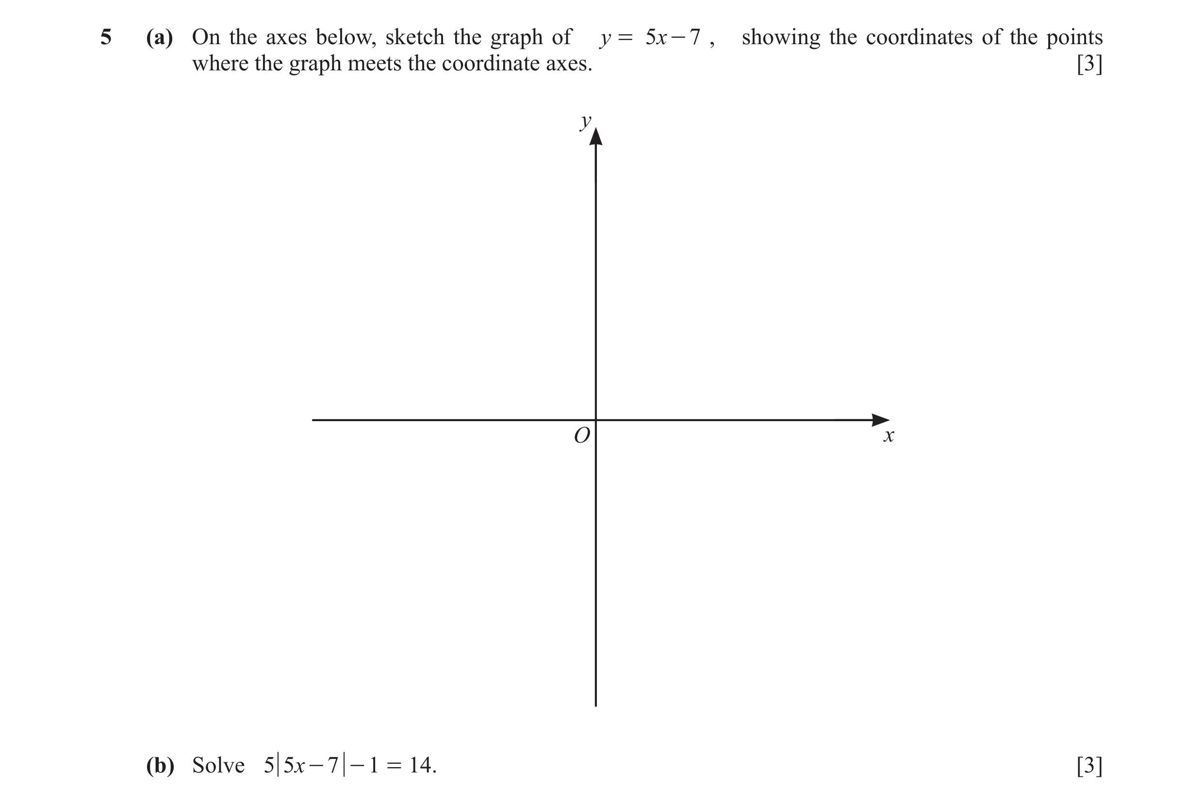 Question 11: (a) On the axes below, sketch the graph of y = 5x - 7 , showing the coordinates of the points where the graph meets the coordinate axes. [3…