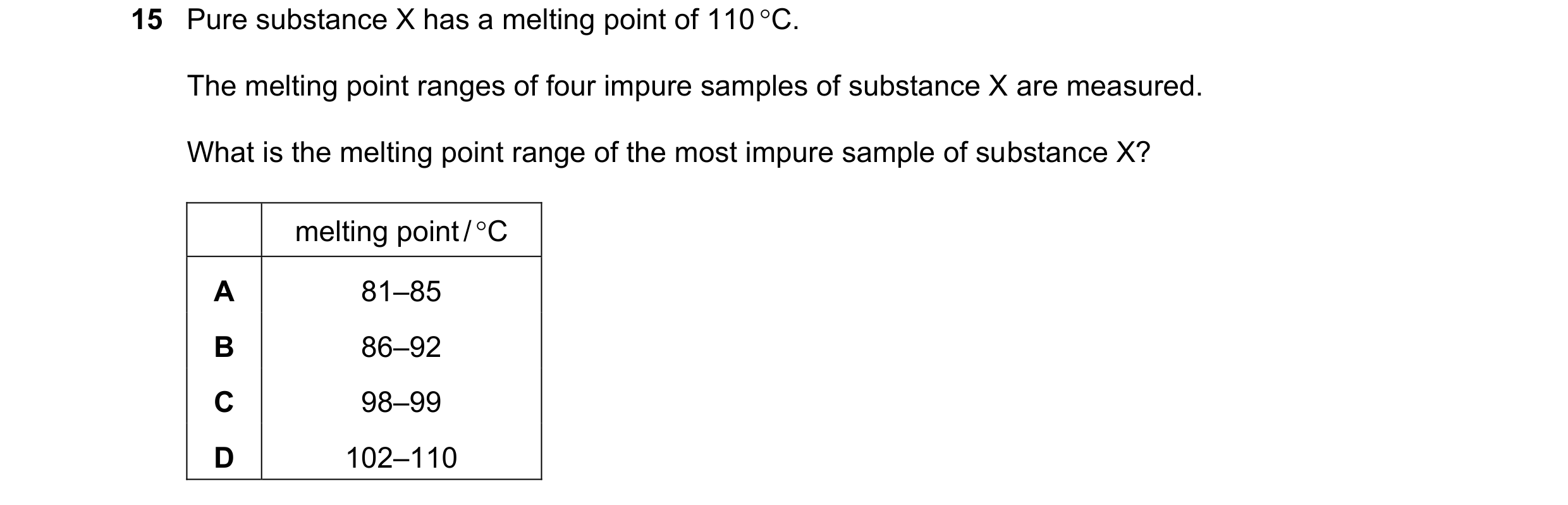 Question 38: Pure substance X has a melting point of 110 C. The melting point ranges of four impure samples of substance X are measured. What is the me…