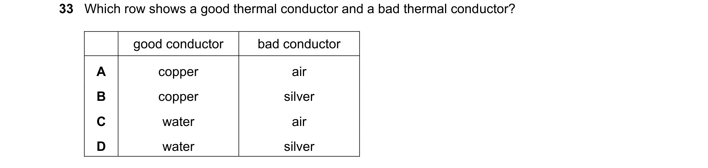 Question 61: Which row shows a good thermal conductor and a bad thermal conductor? good conductor bad conductor A copper air B copper silver C water air…